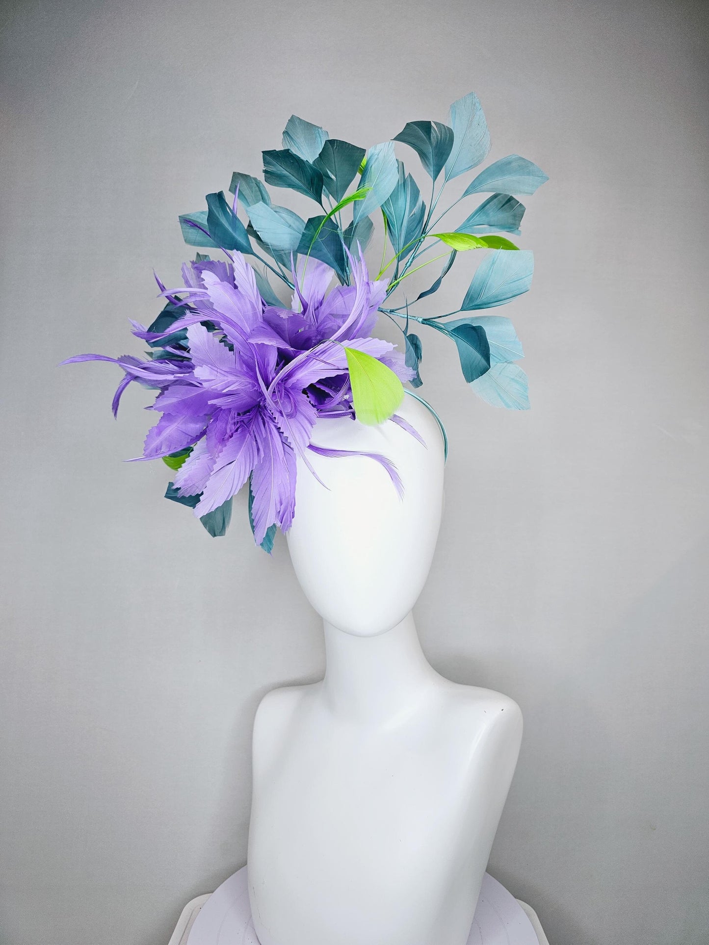 kentucky derby hat fascinator purple lavender feather flower with teal blue and green branching feathers