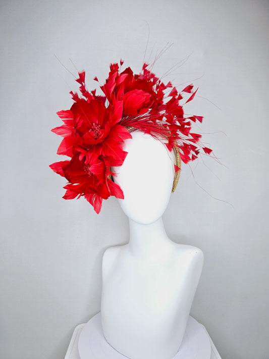 kentucky derby hat fascinator red coral feather flowers, red coral branching feathers and gold crystal rhinestone headband