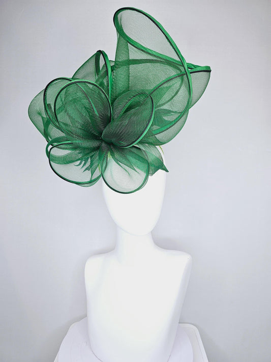 kentucky derby hat fascinator with green mesh and wired ribbon large bendable decor with emerald green branching feathers