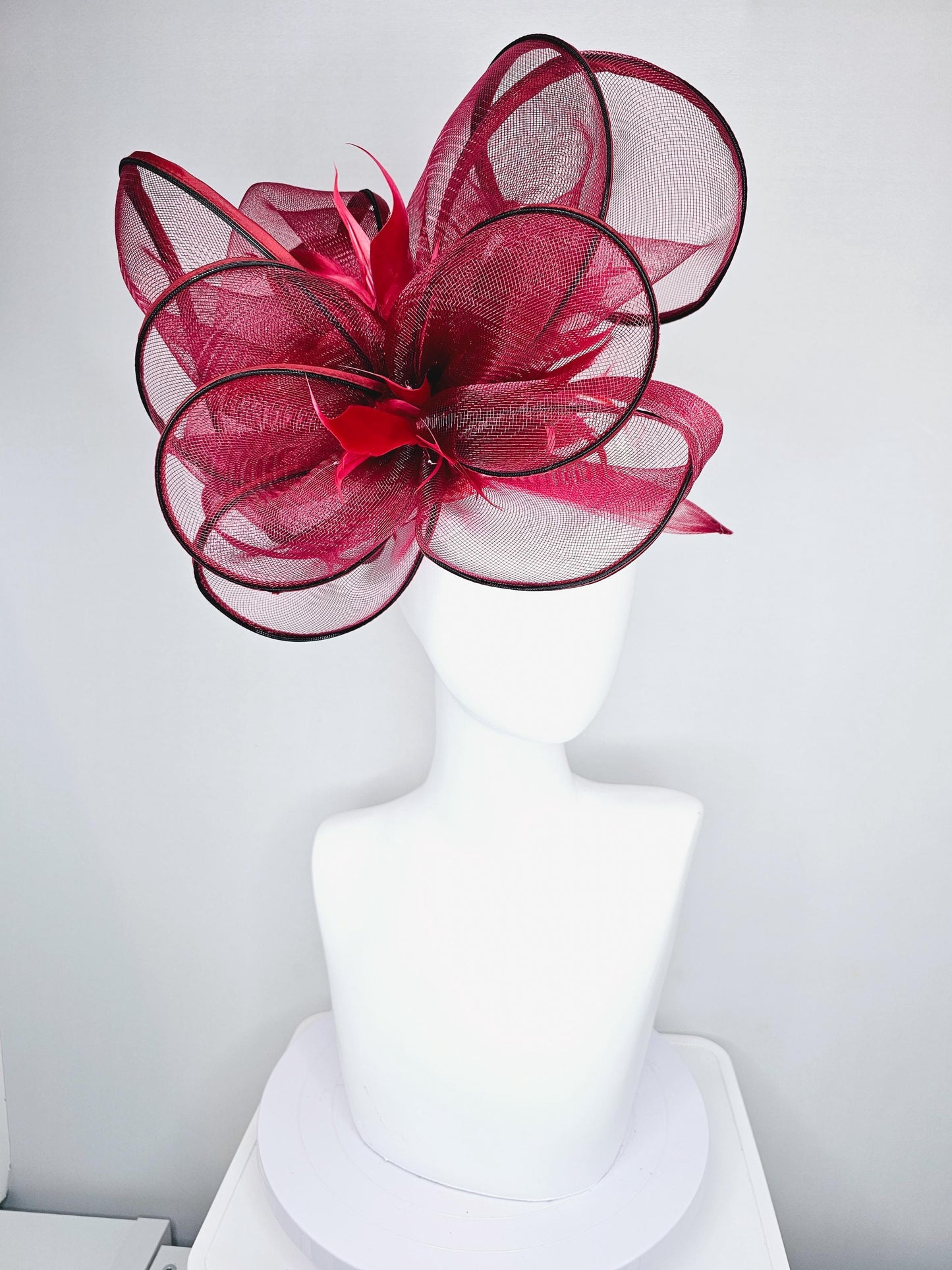 kentucky derby hat fascinator with red burgundy wine mesh and wired ribbon large bendable decor with red branching feathers