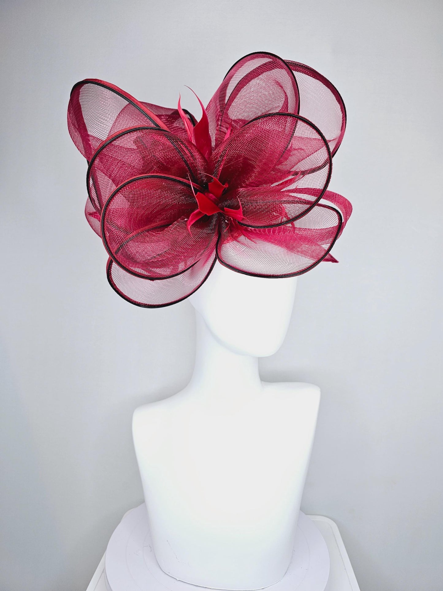 kentucky derby hat fascinator with red burgundy wine mesh and wired ribbon large bendable decor with red branching feathers