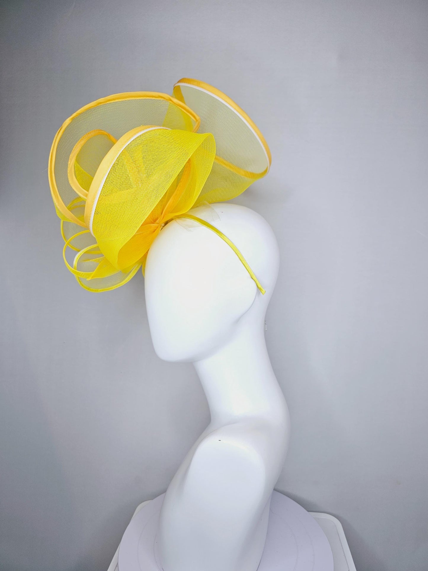 kentucky derby hat fascinator with bright yellow mesh and wired ribbon large bendable decor with bright yellow branching feathers