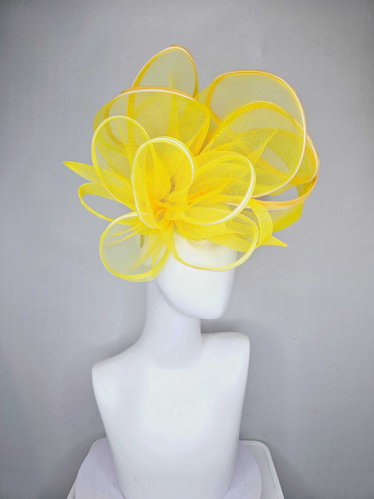 kentucky derby hat fascinator with bright yellow mesh and wired ribbon large bendable decor with bright yellow branching feathers