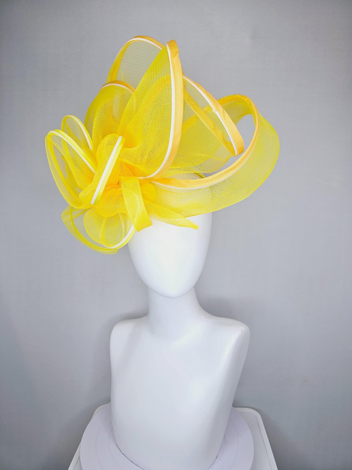 kentucky derby hat fascinator with bright yellow mesh and wired ribbon large bendable decor with bright yellow branching feathers