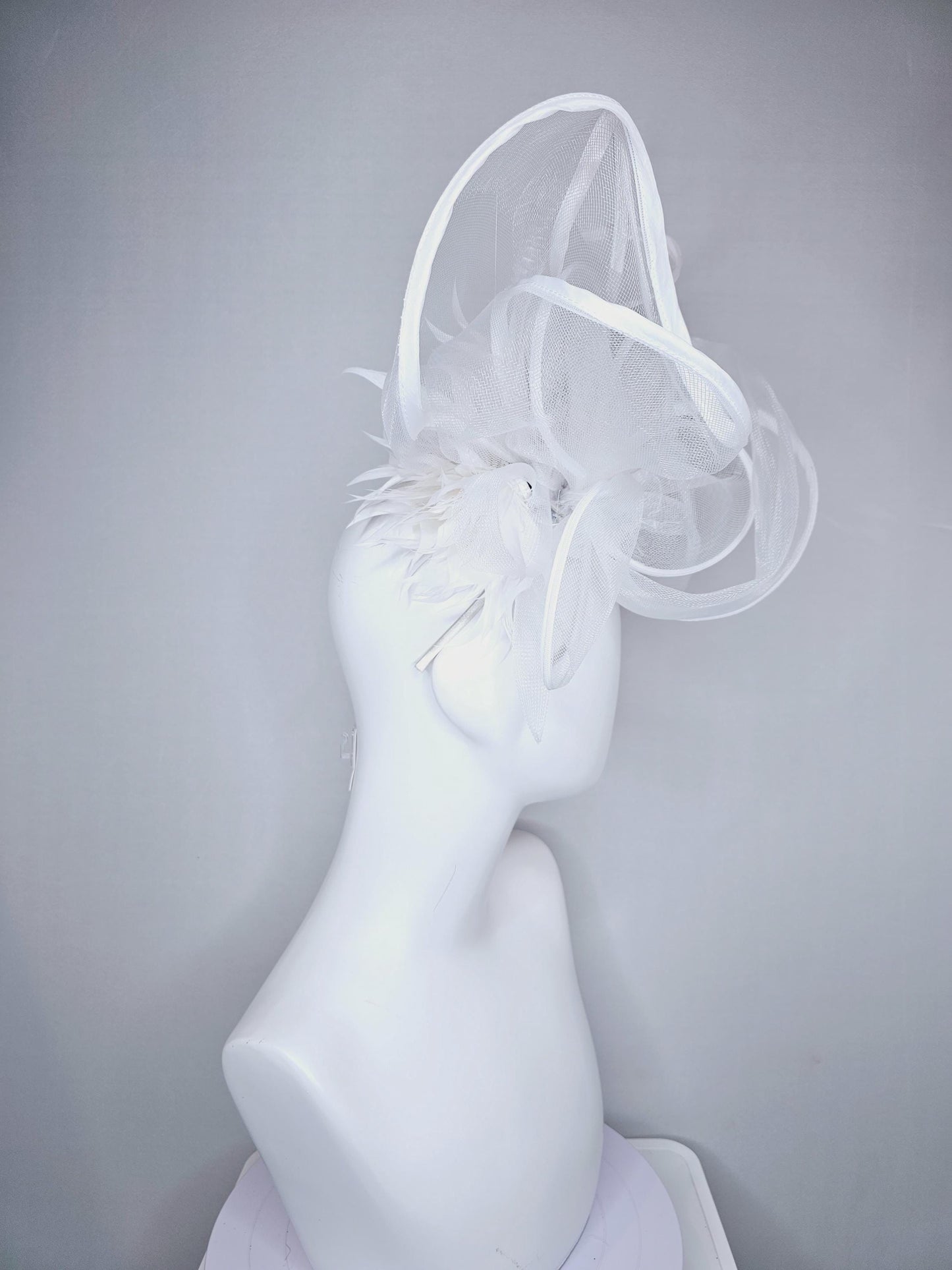 kentucky derby hat fascinator with white neutral mesh and wired ribbon large bendable decor with white branching feathers