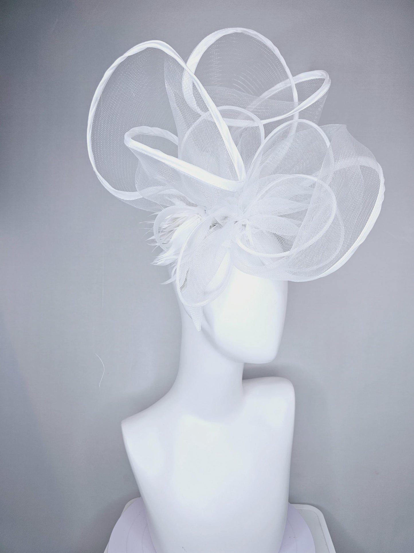 kentucky derby hat fascinator with white neutral mesh and wired ribbon large bendable decor with white branching feathers