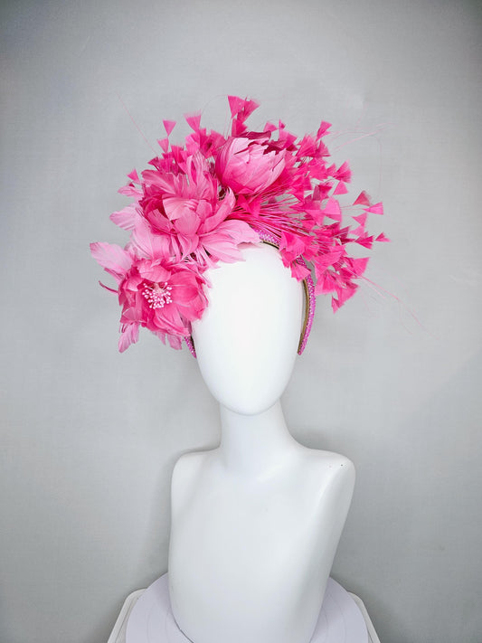 kentucky derby hat fascinator pink iridescent crystal rhinestone headband, rose pink feather flowers with rose pink branching feathers