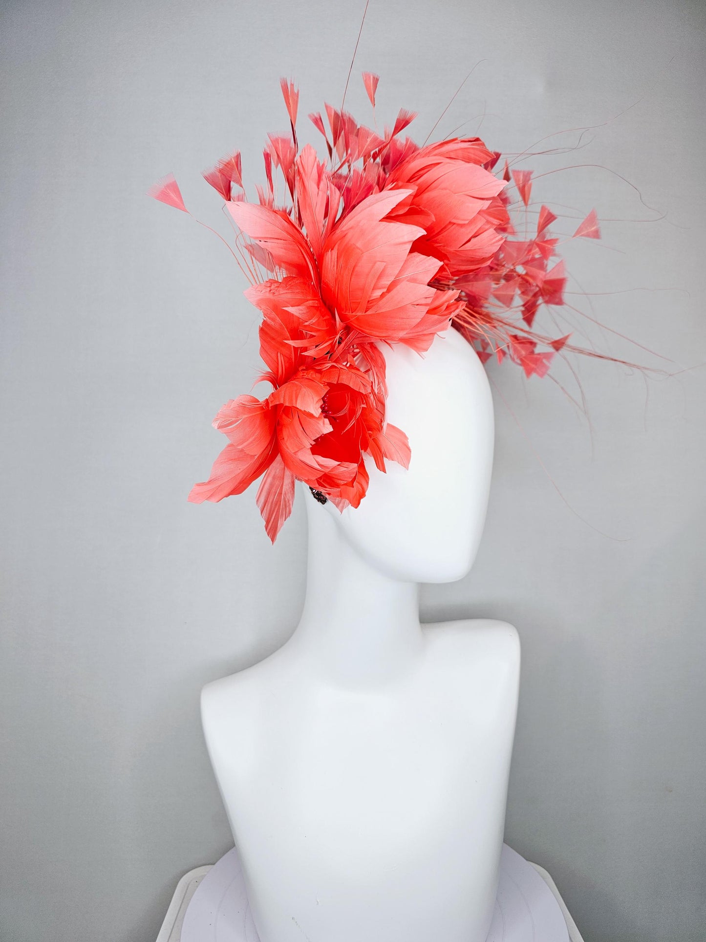 kentucky derby hat fascinator coral orange feather flowers,coral branching feathers,brown copper iridescent crystal rhinestone headband