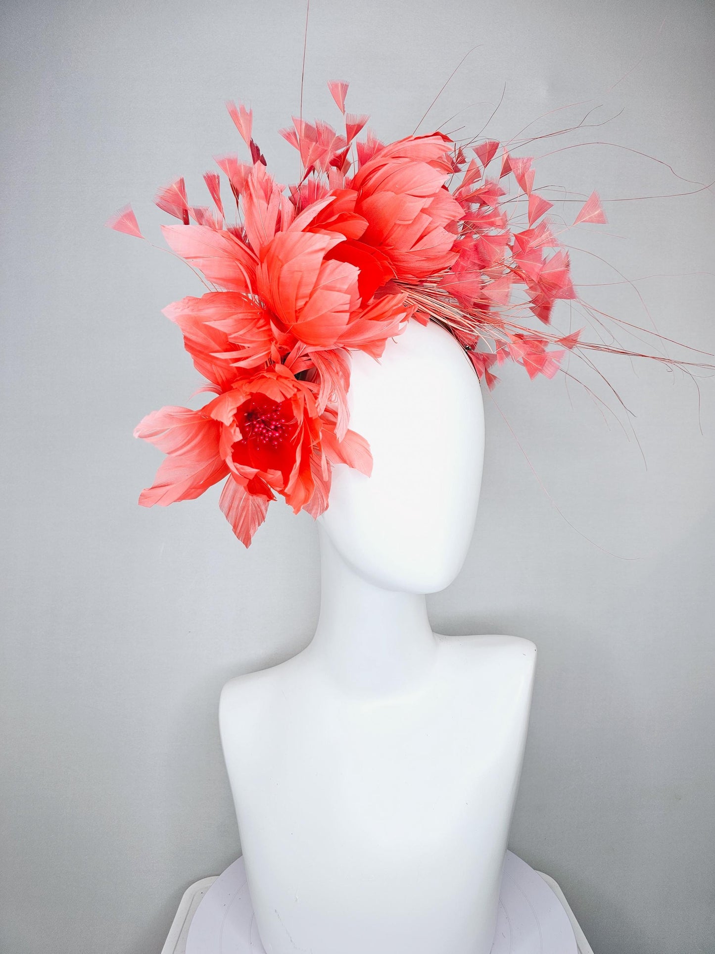 kentucky derby hat fascinator coral orange feather flowers,coral branching feathers,brown copper iridescent crystal rhinestone headband