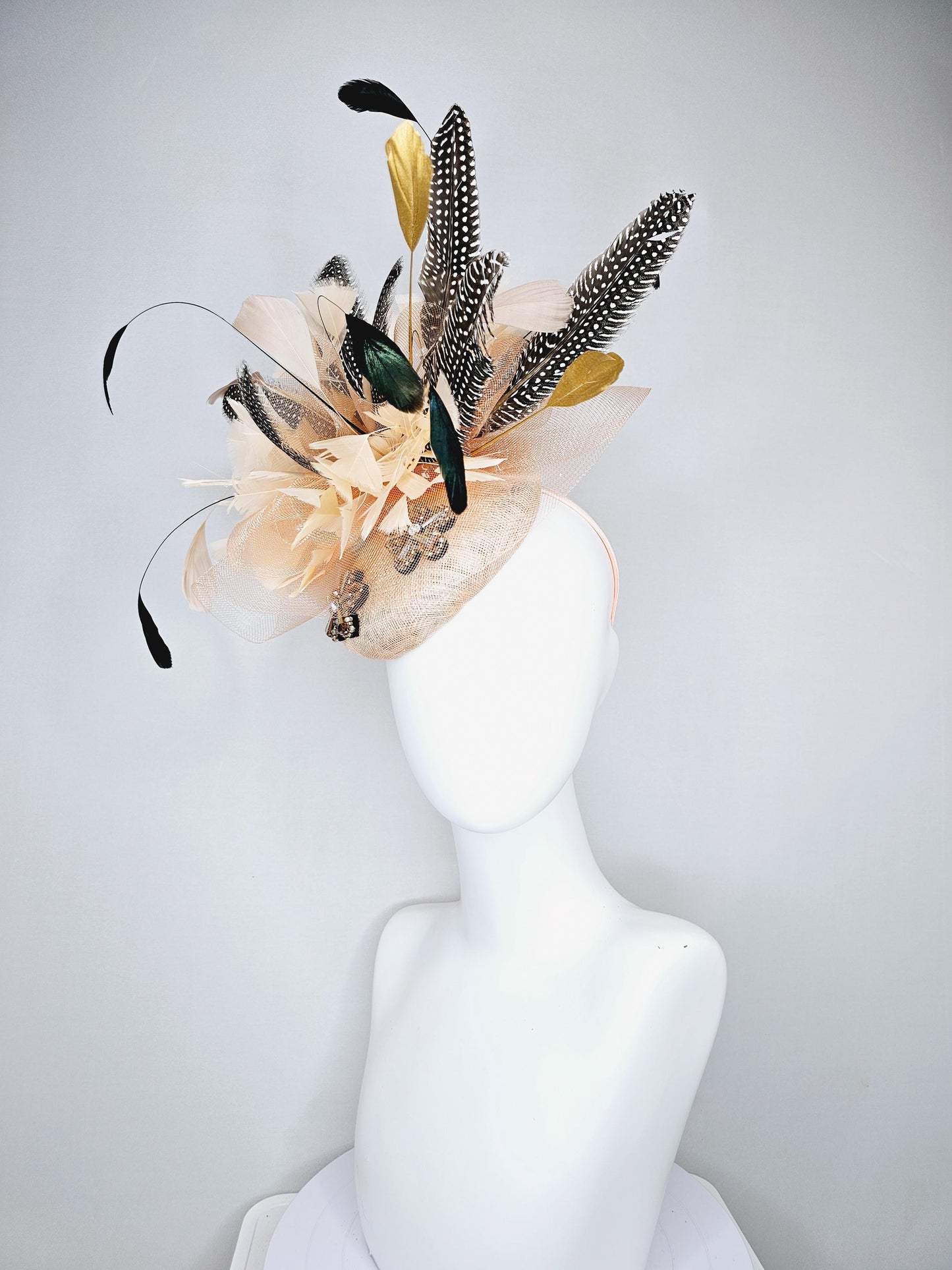 kentucky derby hat fascinator champagne sinamay base embroidered flowers with sinamay curls,champagne gold black and pheasant feathers