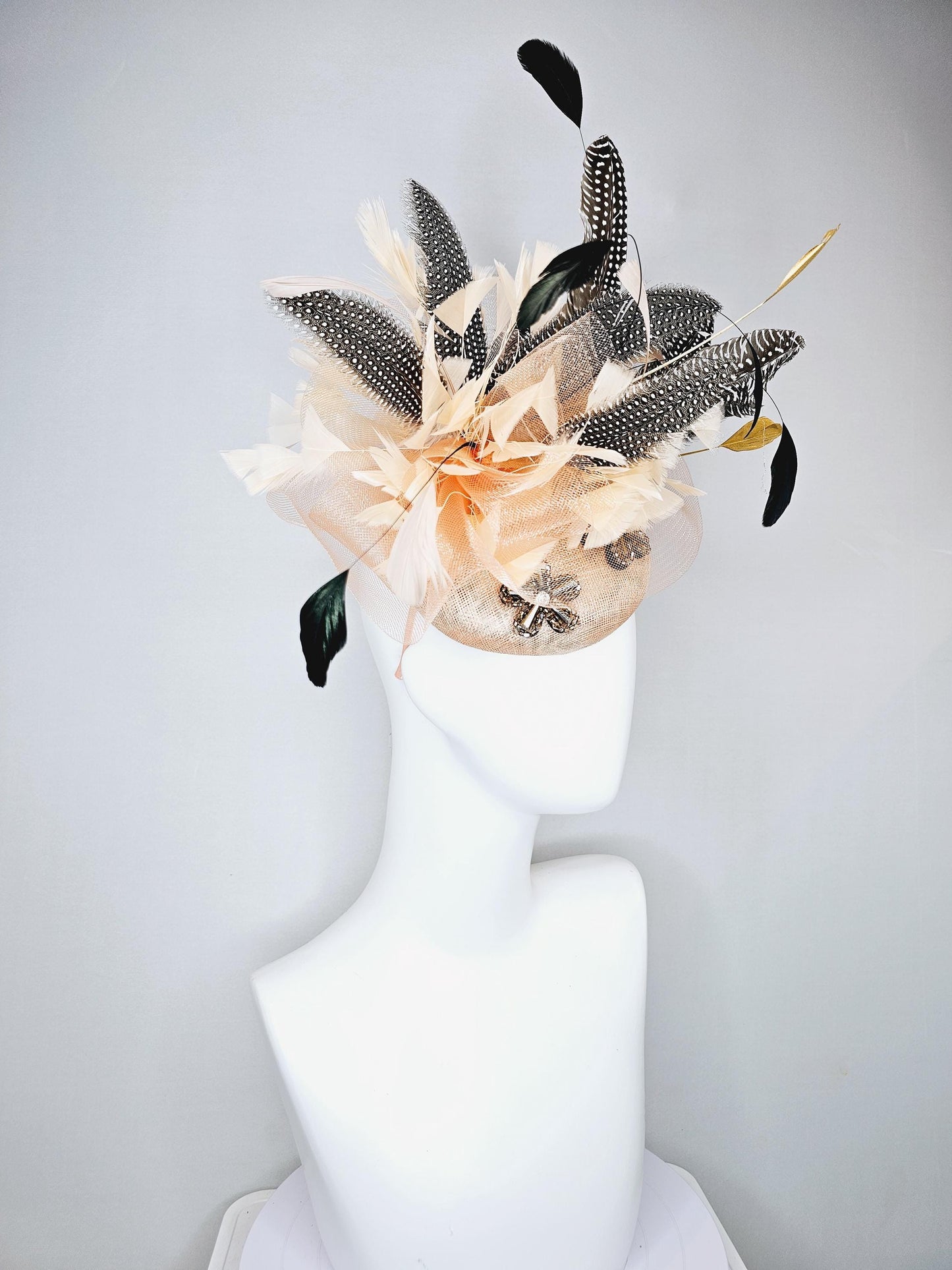 kentucky derby hat fascinator champagne sinamay base embroidered flowers with sinamay curls,champagne gold black and pheasant feathers