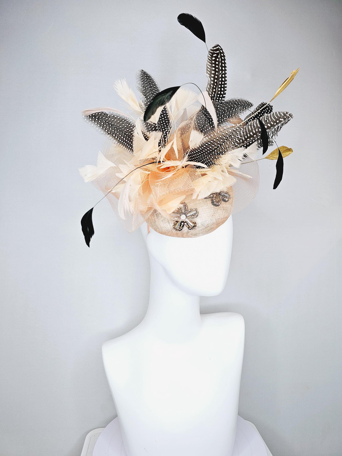 kentucky derby hat fascinator champagne sinamay base embroidered flowers with sinamay curls,champagne gold black and pheasant feathers