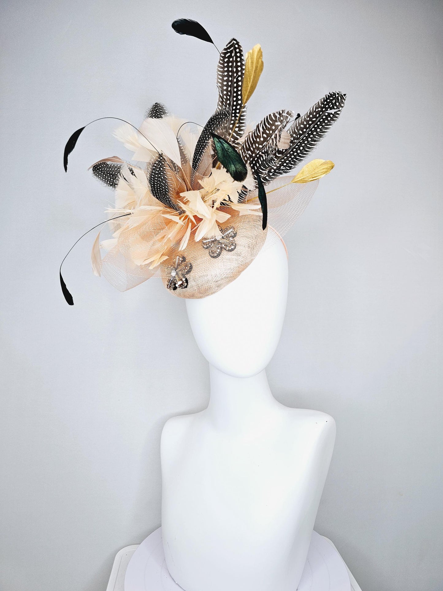 kentucky derby hat fascinator champagne sinamay base embroidered flowers with sinamay curls,champagne gold black and pheasant feathers