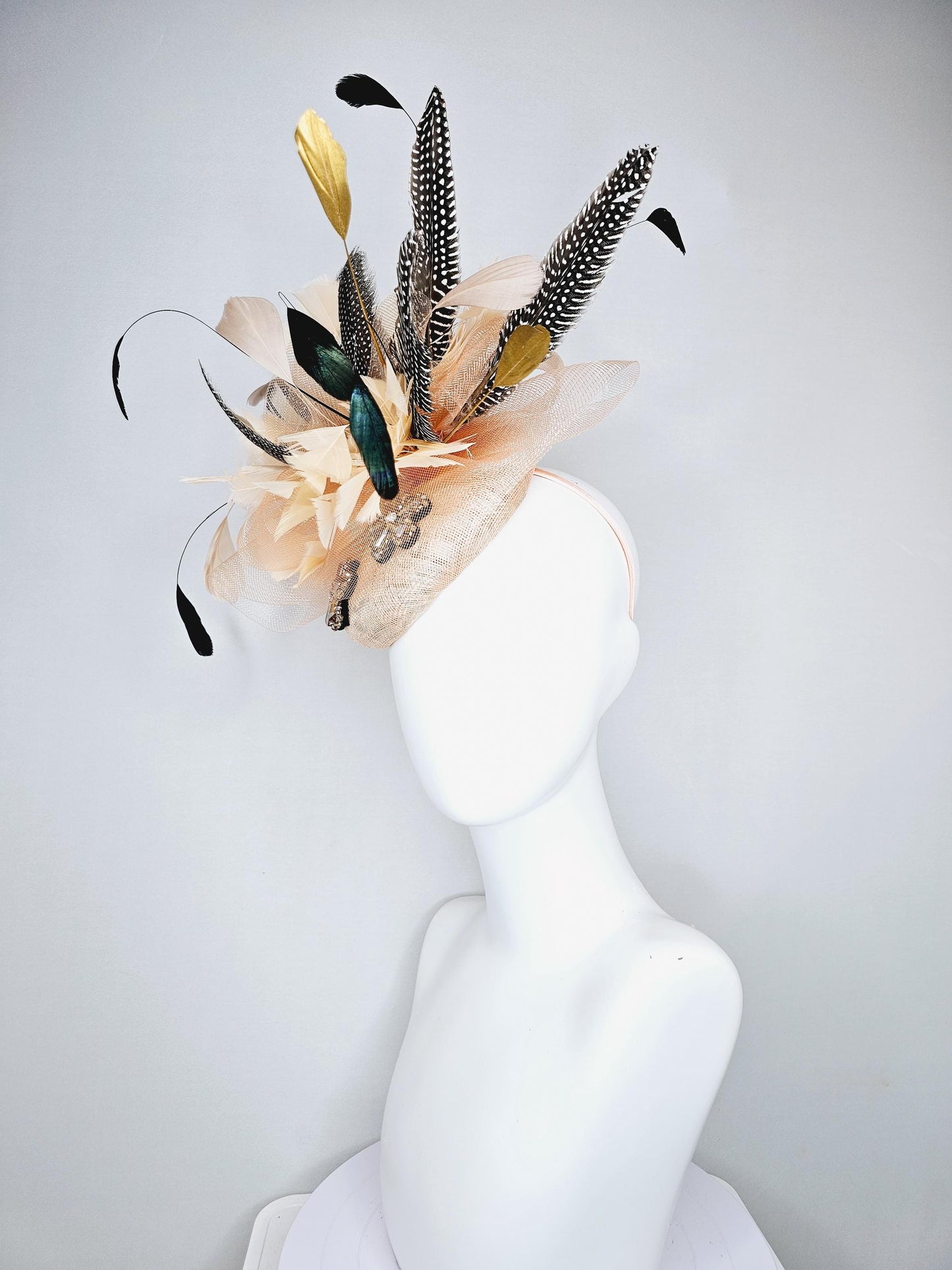 kentucky derby hat fascinator champagne sinamay base embroidered flowers with sinamay curls,champagne gold black and pheasant feathers