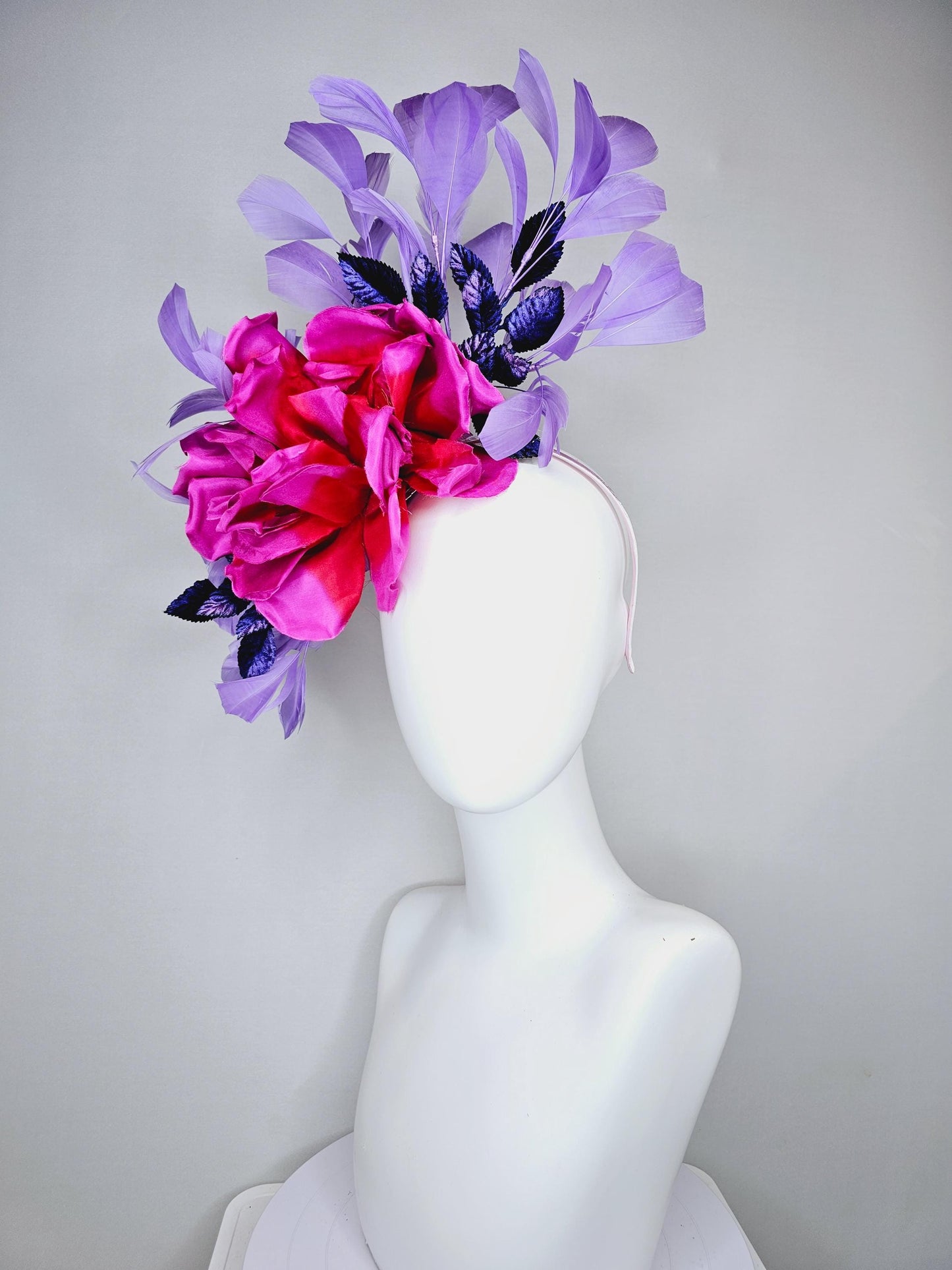 kentucky derby hat fascinator bright pink fuchsia red satin silk flower, purple violet satin leaves and purple lavender branching feathers