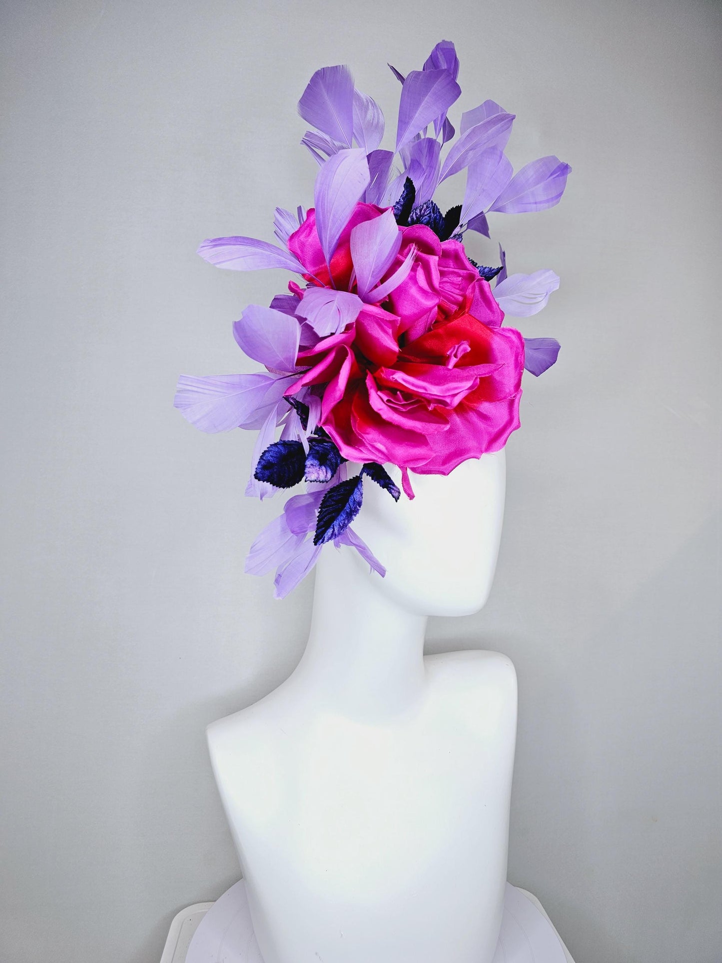 kentucky derby hat fascinator bright pink fuchsia red satin silk flower, purple violet satin leaves and purple lavender branching feathers