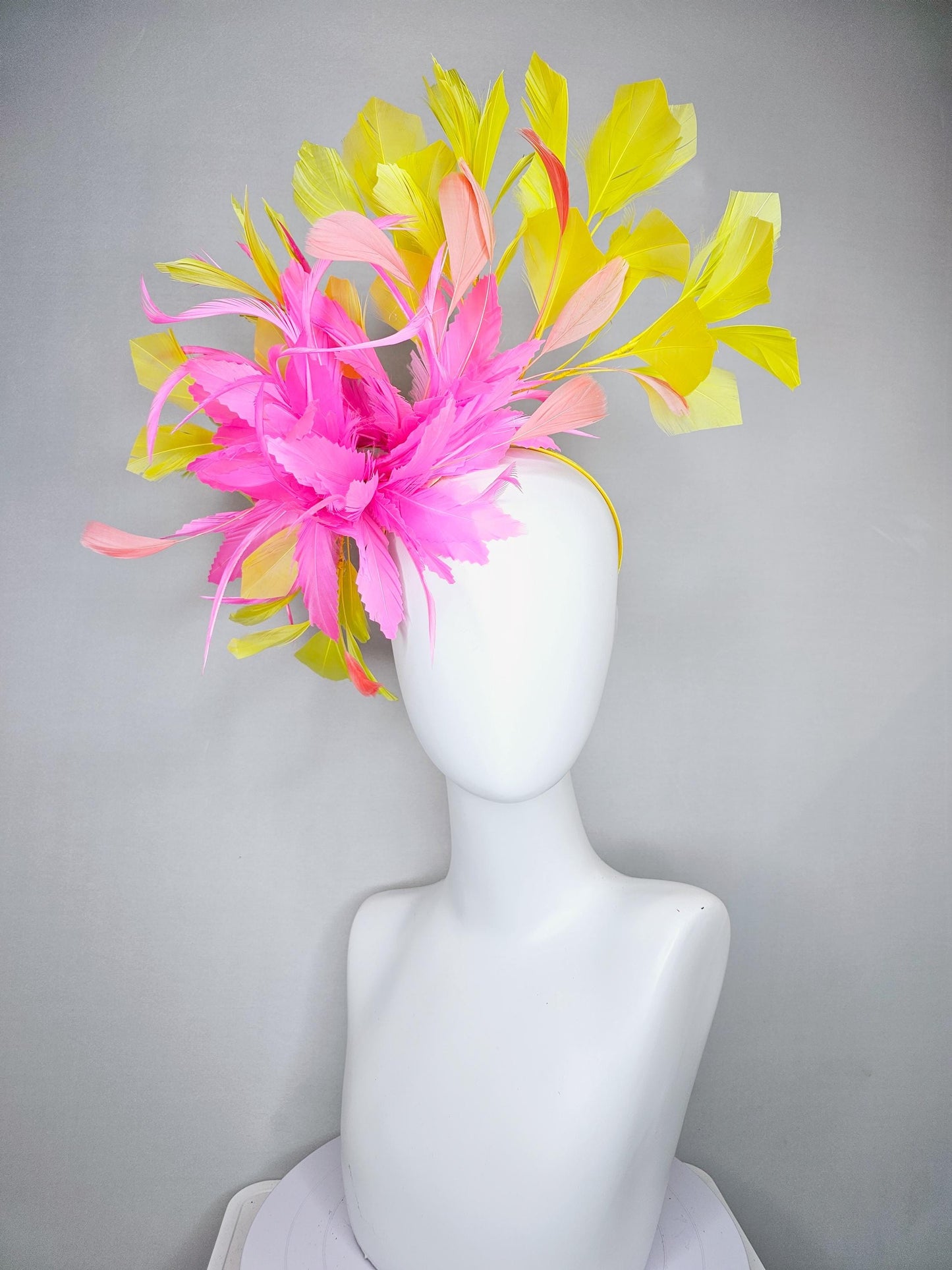 kentucky derby hat fascinator blush pink rose feather flower with yellow and light coral peach branching feathers, thin headband