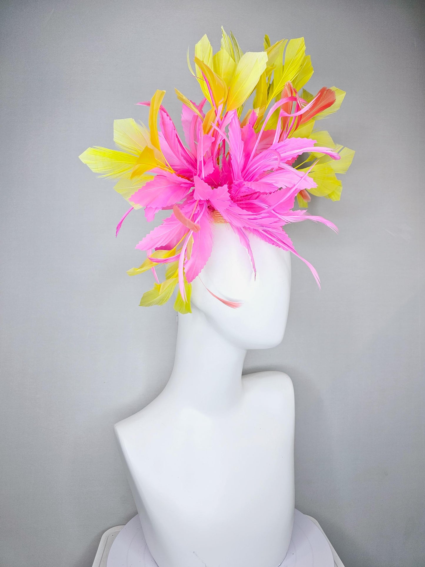 kentucky derby hat fascinator blush pink rose feather flower with yellow and light coral peach branching feathers, thin headband