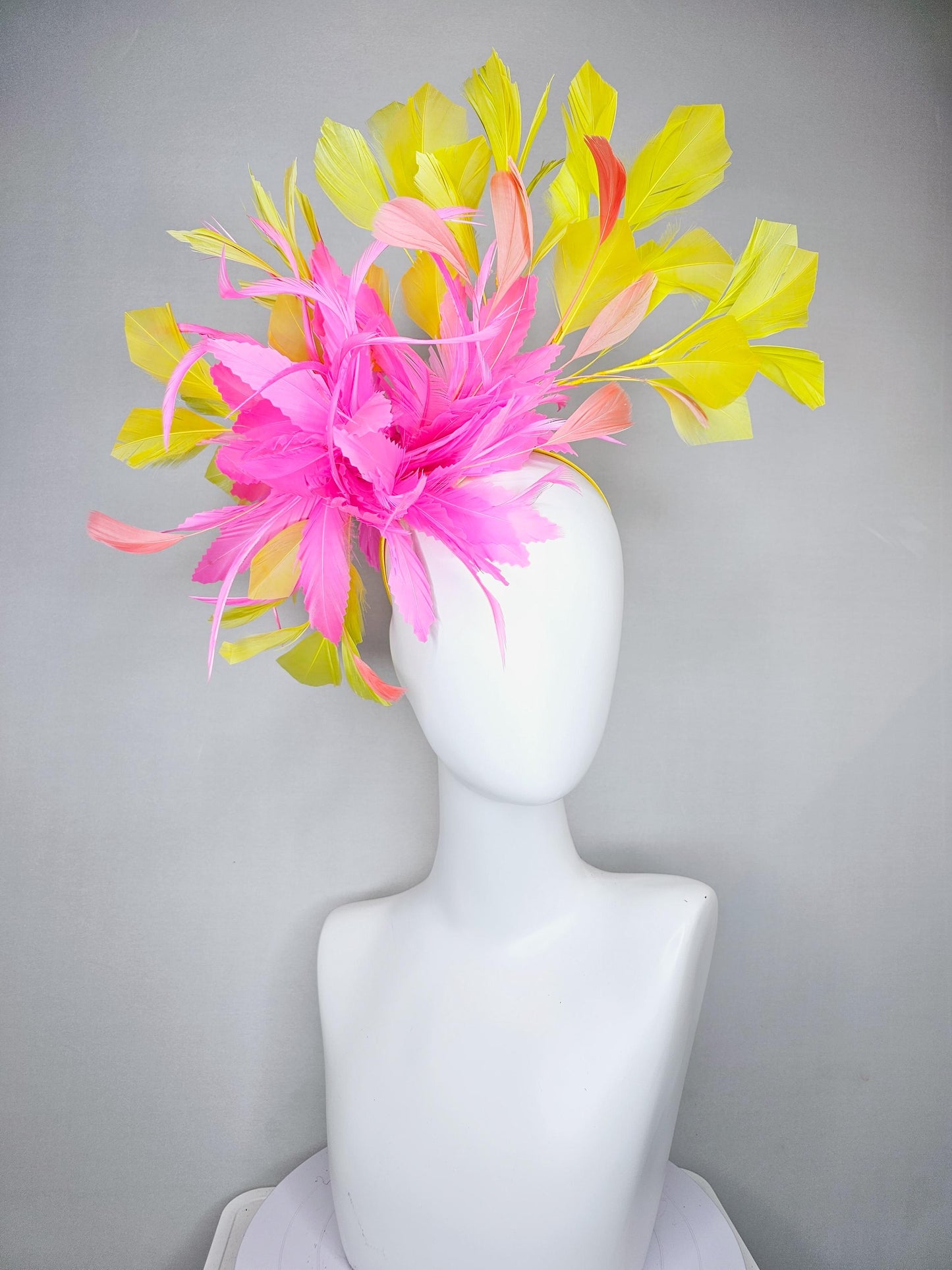 kentucky derby hat fascinator blush pink rose feather flower with yellow and light coral peach branching feathers, thin headband