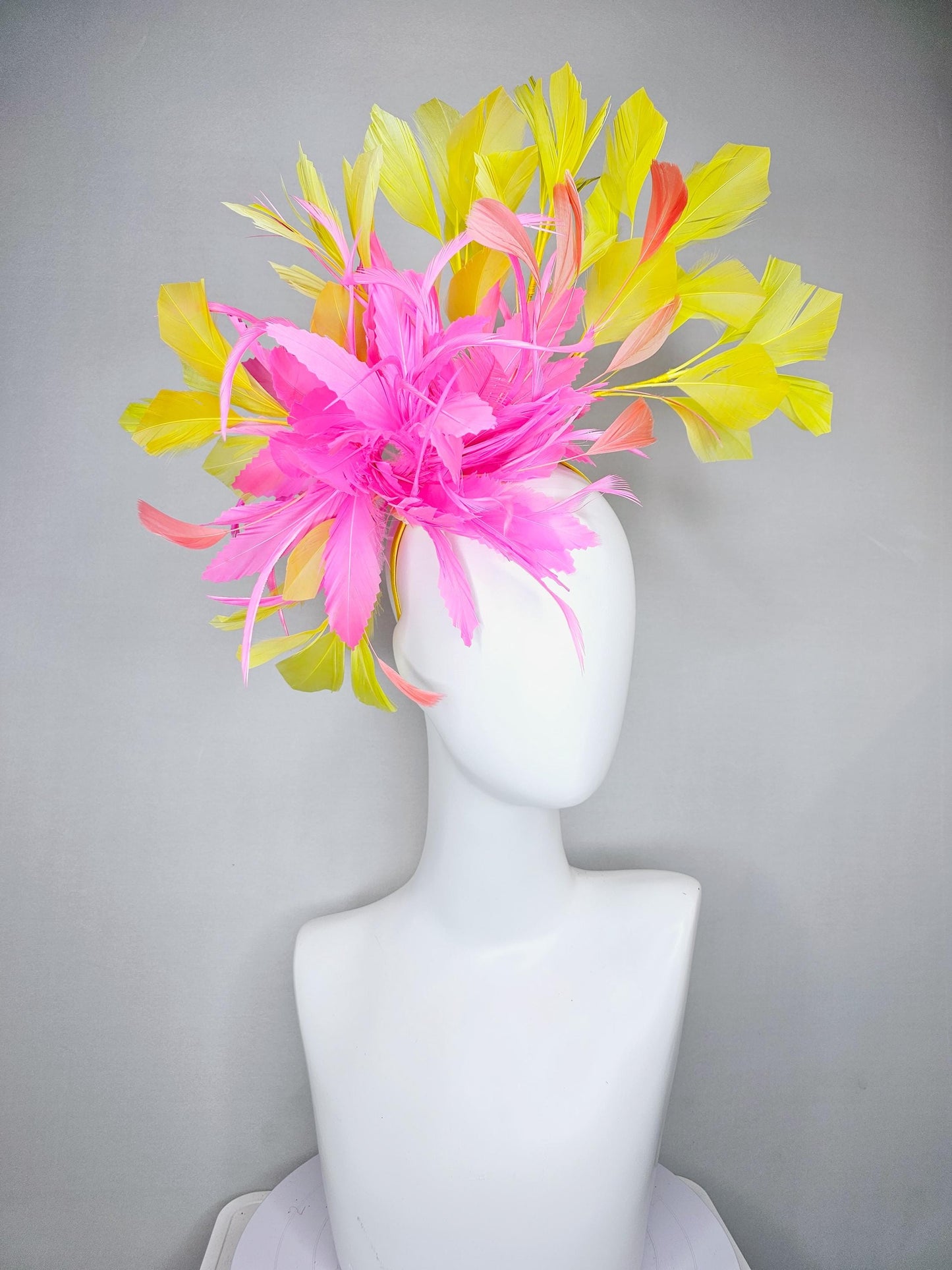 kentucky derby hat fascinator blush pink rose feather flower with yellow and light coral peach branching feathers, thin headband