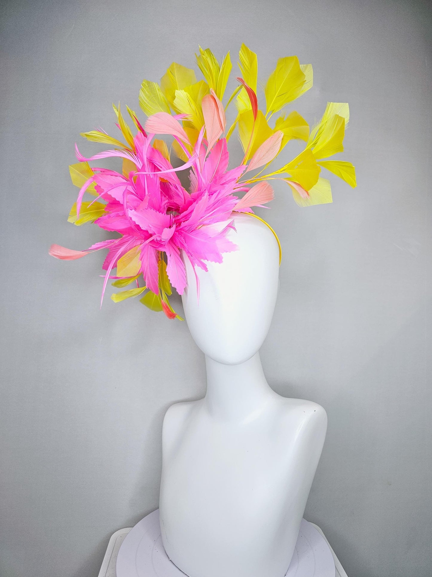 kentucky derby hat fascinator blush pink rose feather flower with yellow and light coral peach branching feathers, thin headband