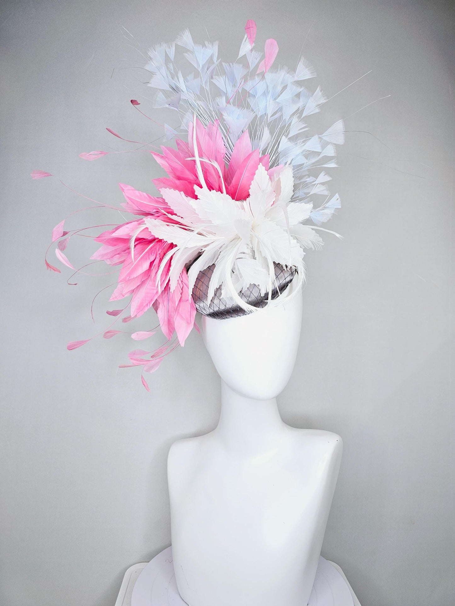 kentucky derby hat fascinator gray silver satin with netting,white feather flower,rose pink feather leaves,sky light blue branching feathers