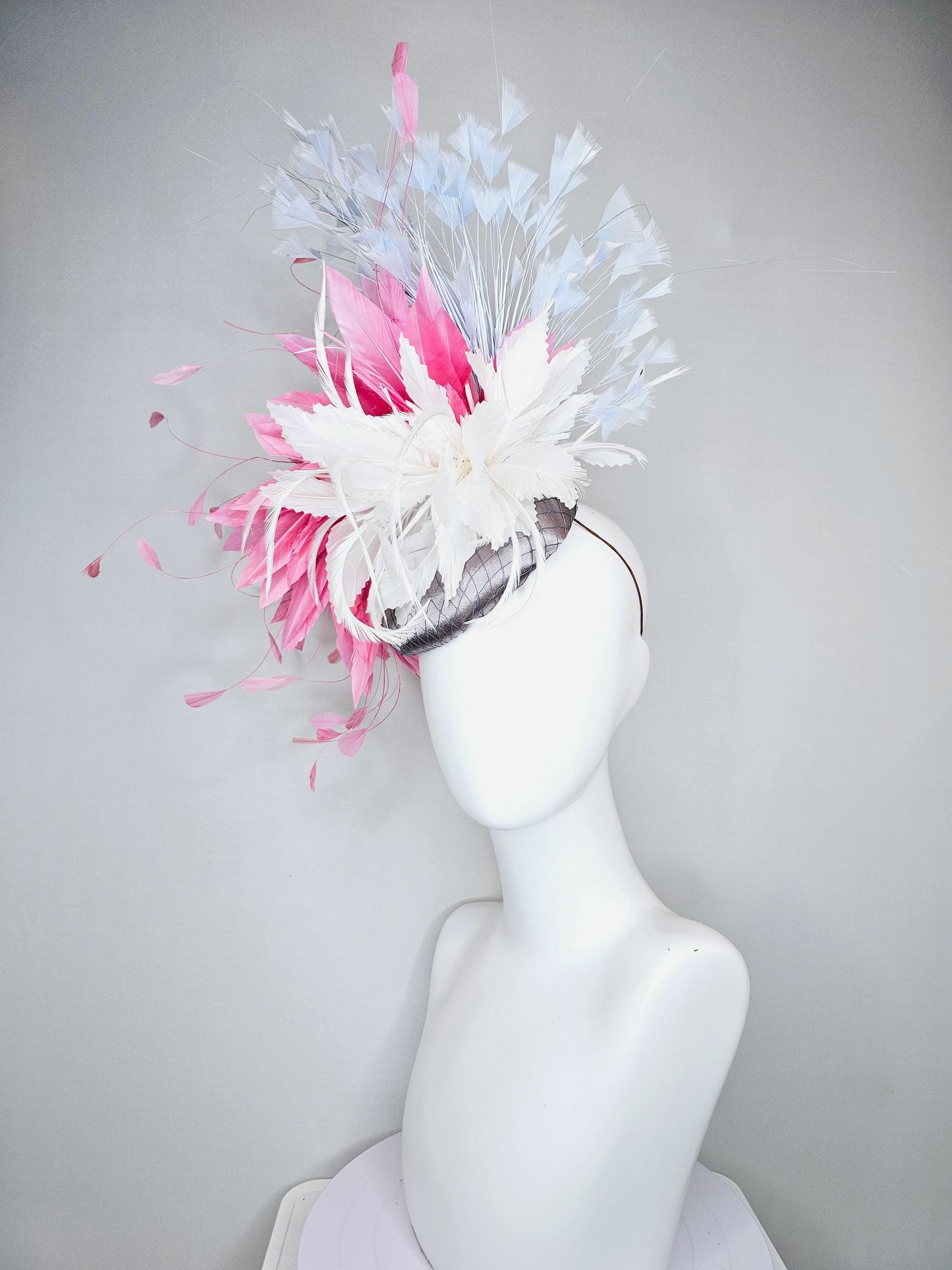 kentucky derby hat fascinator gray silver satin with netting,white feather flower,rose pink feather leaves,sky light blue branching feathers