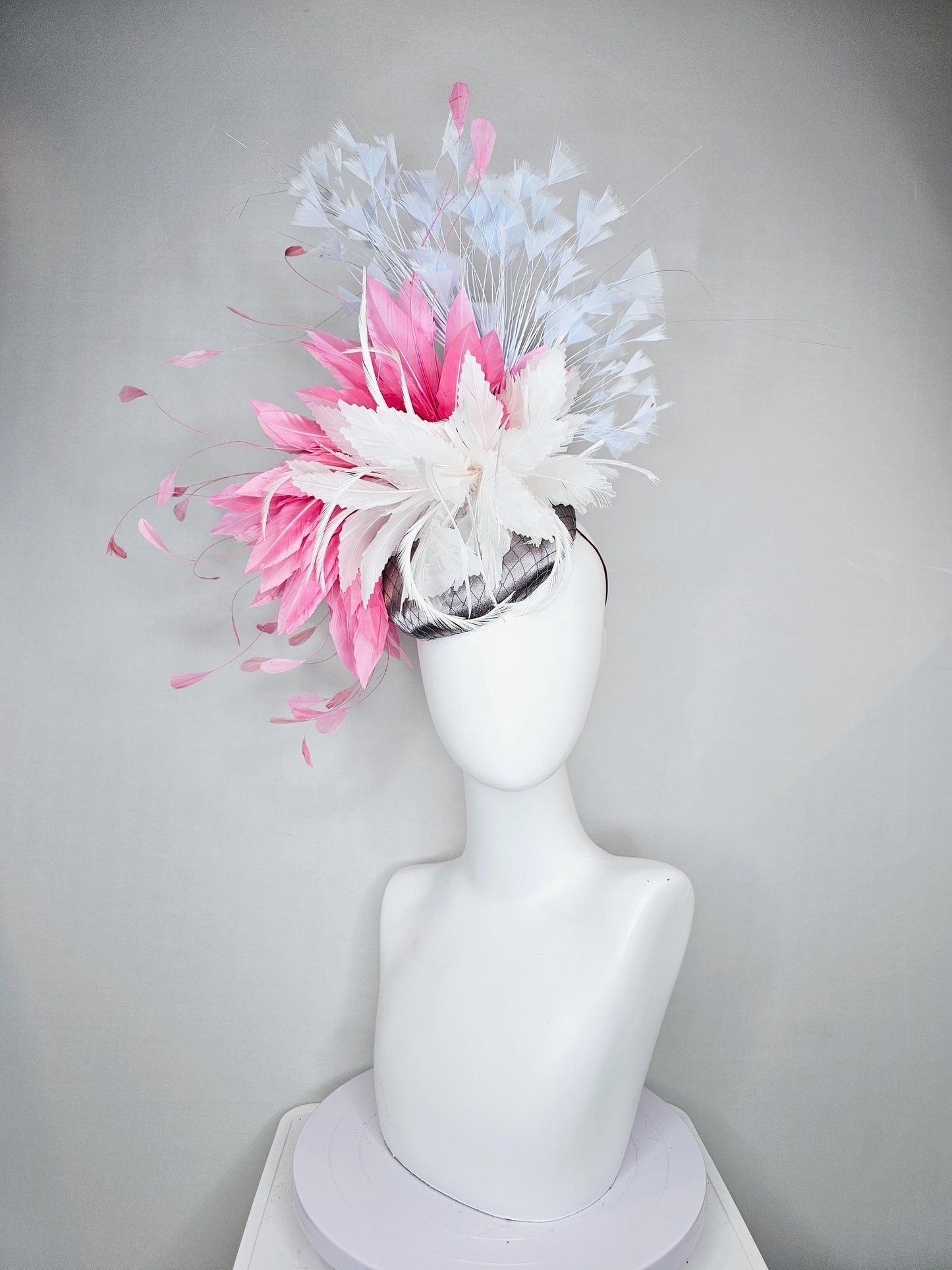 kentucky derby hat fascinator gray silver satin with netting,white feather flower,rose pink feather leaves,sky light blue branching feathers