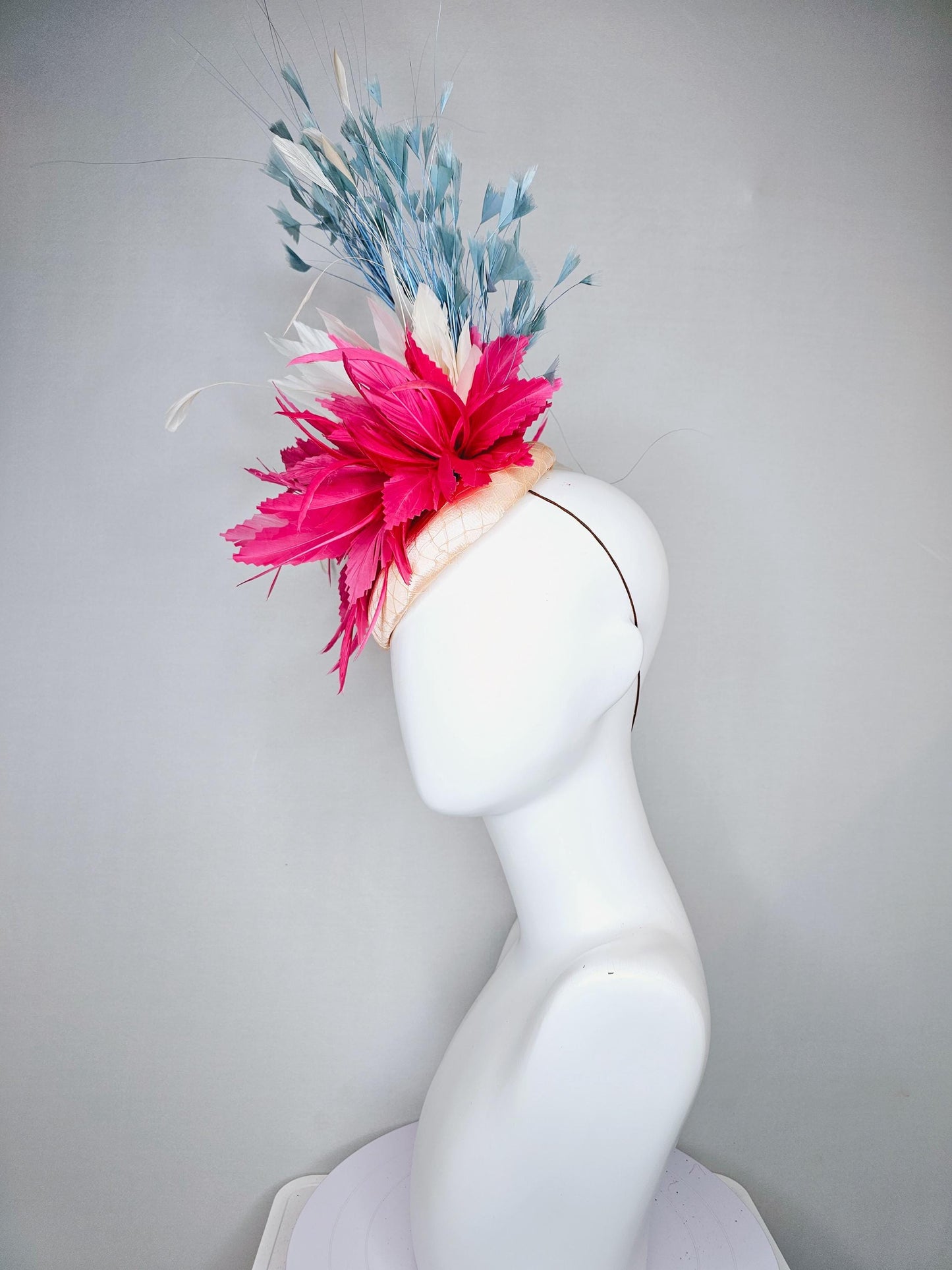 kentucky derby hat fascinator champagne satin with netting,bright pink and white ivory feather flower, light teal blue branching feathers