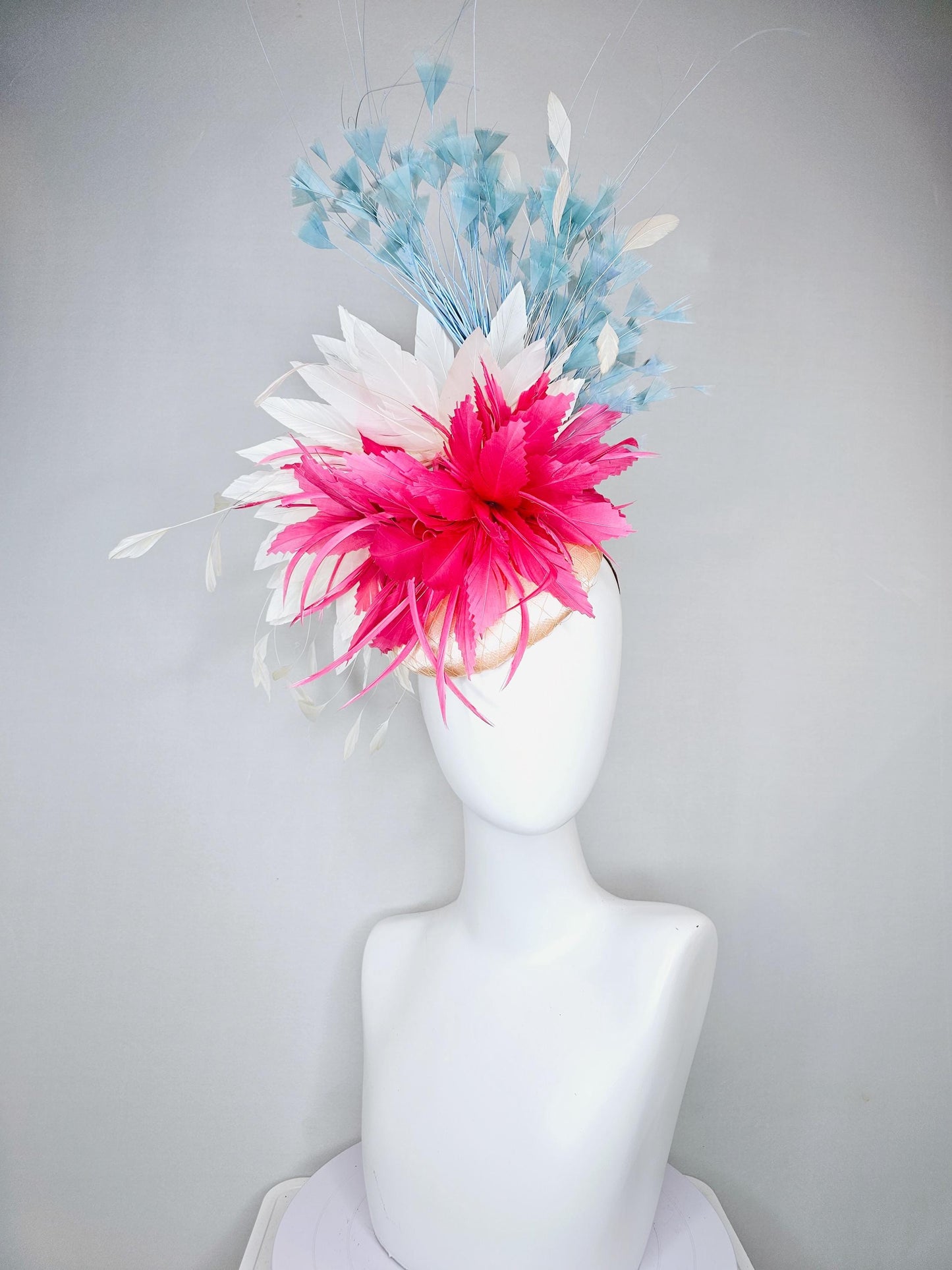 kentucky derby hat fascinator champagne satin with netting,bright pink and white ivory feather flower, light teal blue branching feathers