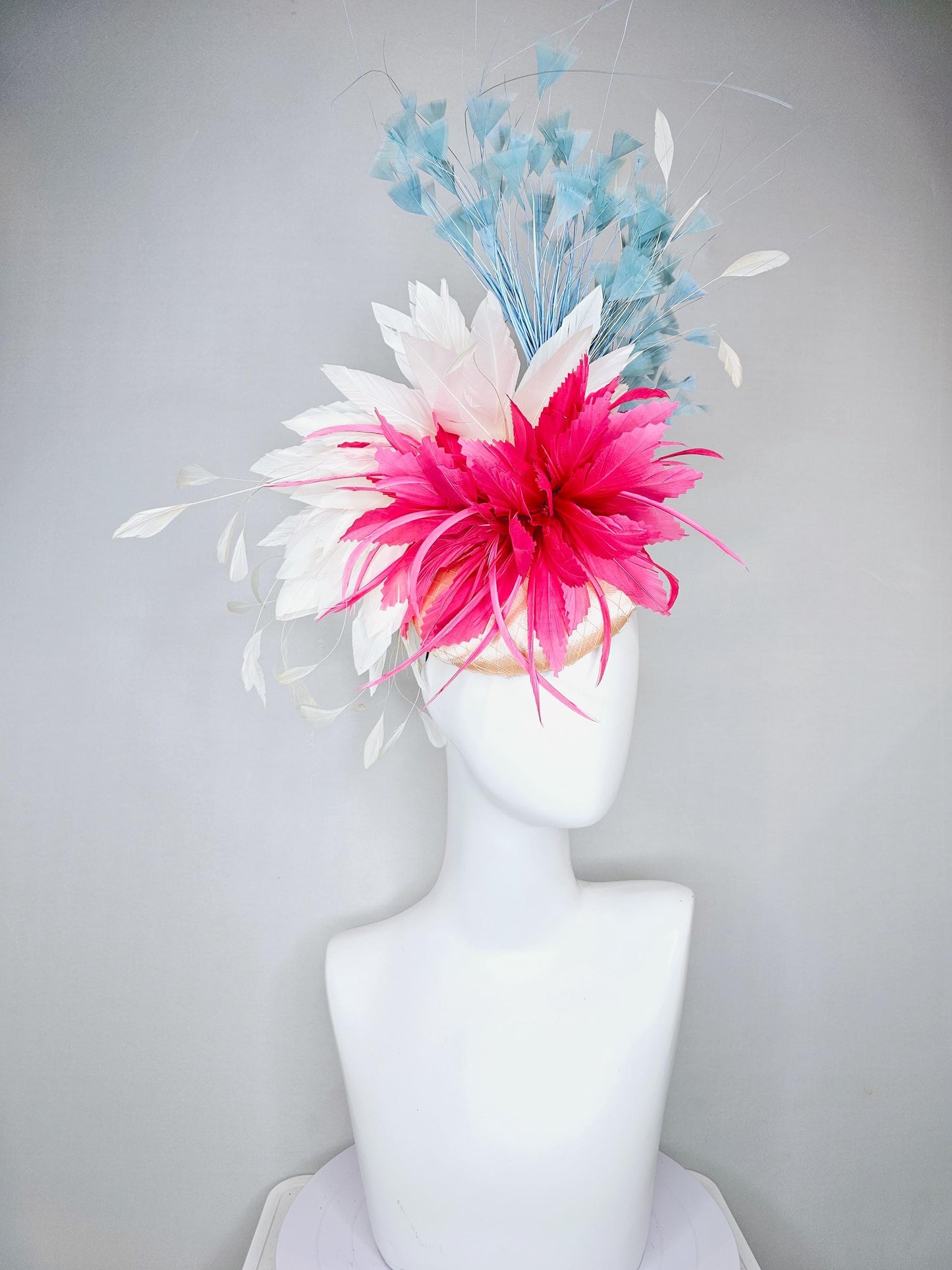 kentucky derby hat fascinator champagne satin with netting,bright pink and white ivory feather flower, light teal blue branching feathers