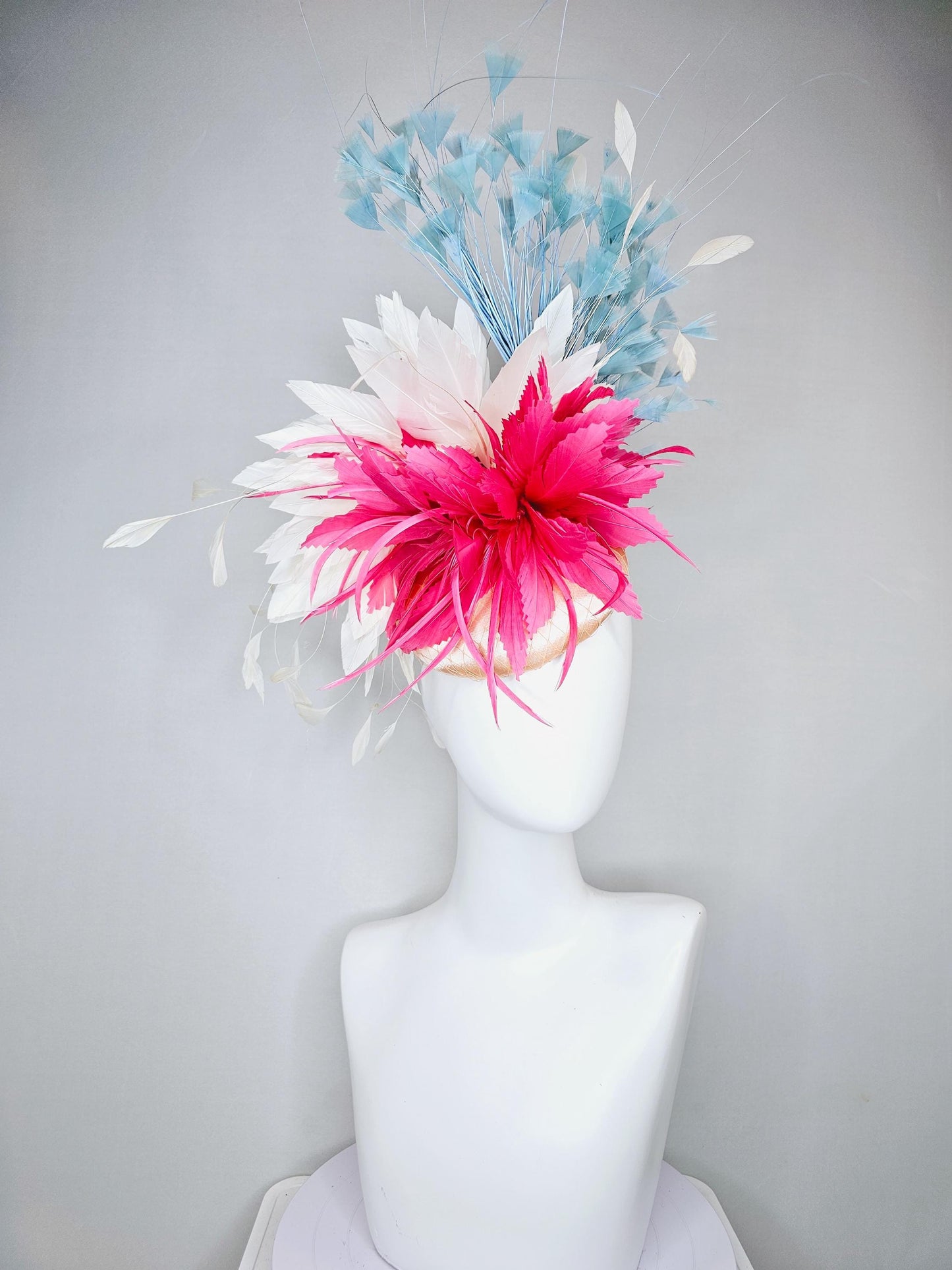 kentucky derby hat fascinator champagne satin with netting,bright pink and white ivory feather flower, light teal blue branching feathers