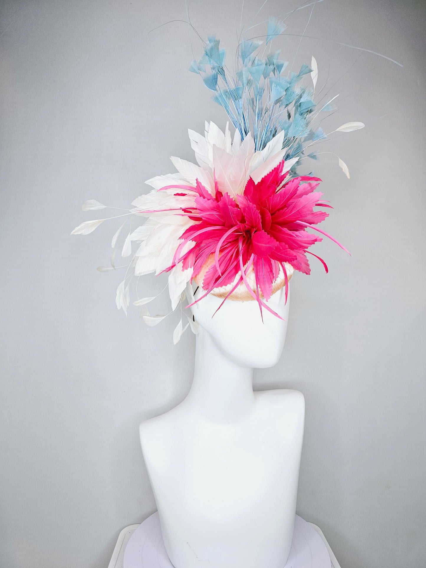 kentucky derby hat fascinator champagne satin with netting,bright pink and white ivory feather flower, light teal blue branching feathers