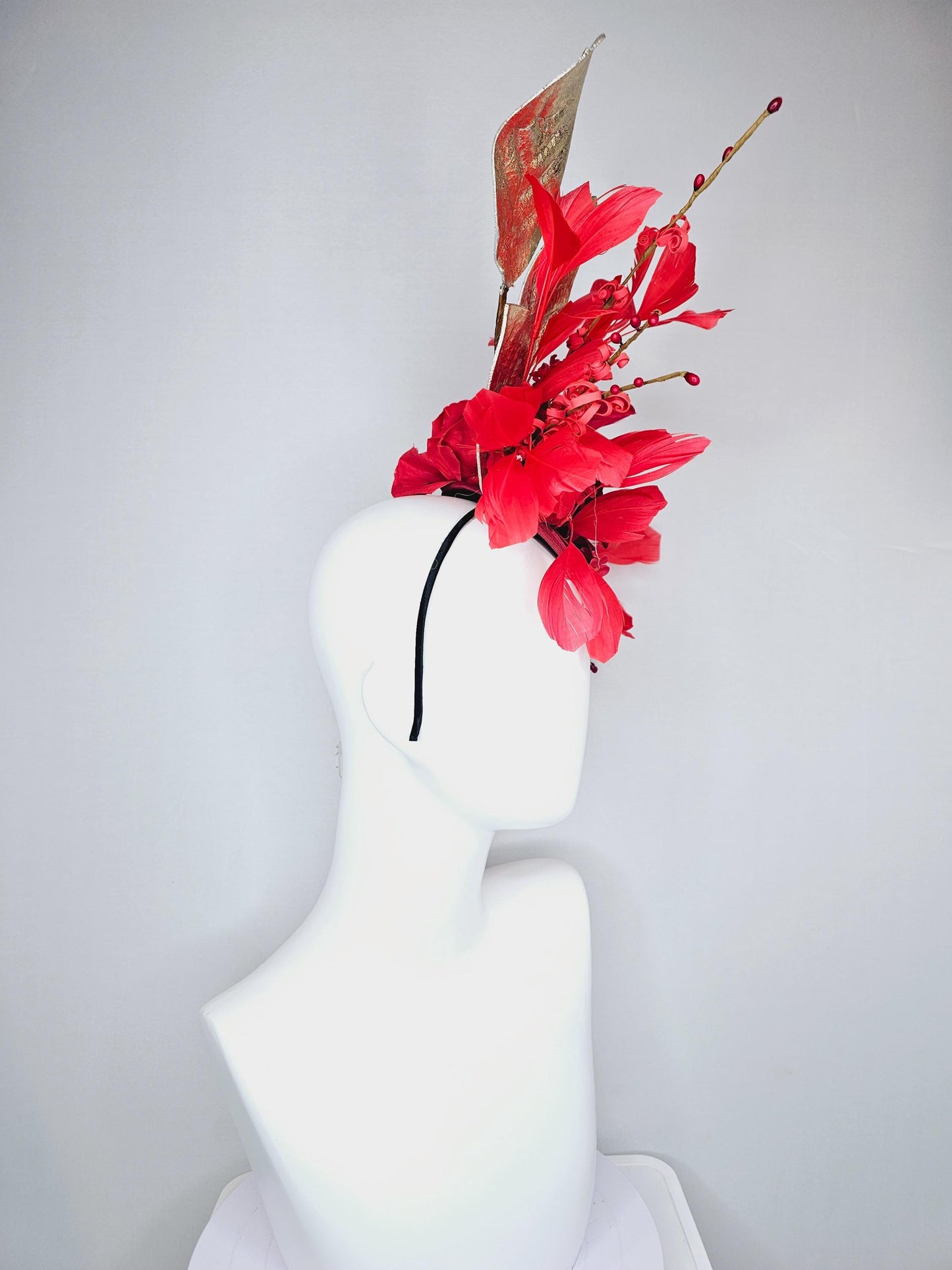 kentucky derby hat fascinator burgundy red satin with burgundy red satin rose flower, cherry red branching feathers, gold leaves and stems