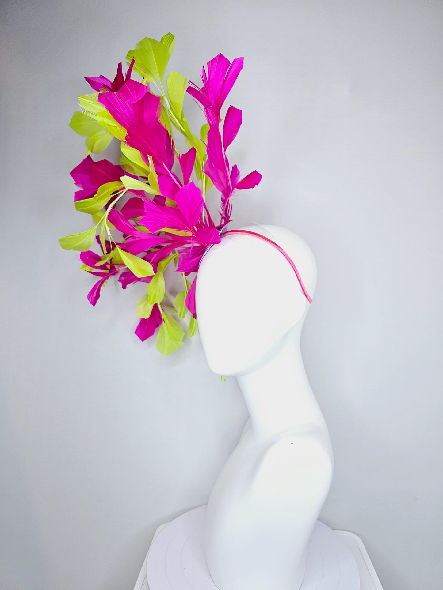 kentucky derby hat fascinator large bright yellow and fuchsia pink branching feathers