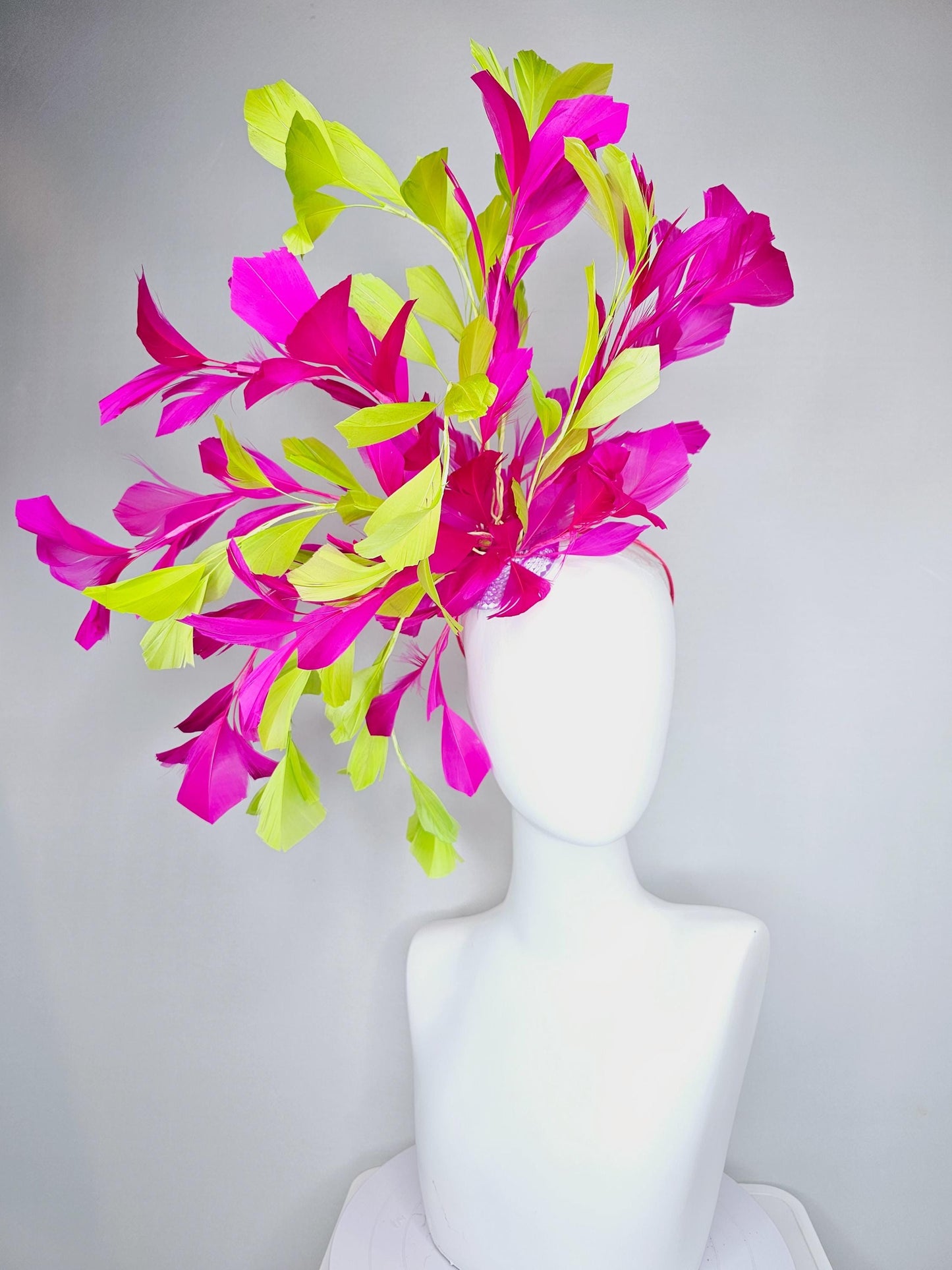 kentucky derby hat fascinator large bright yellow and fuchsia pink branching feathers