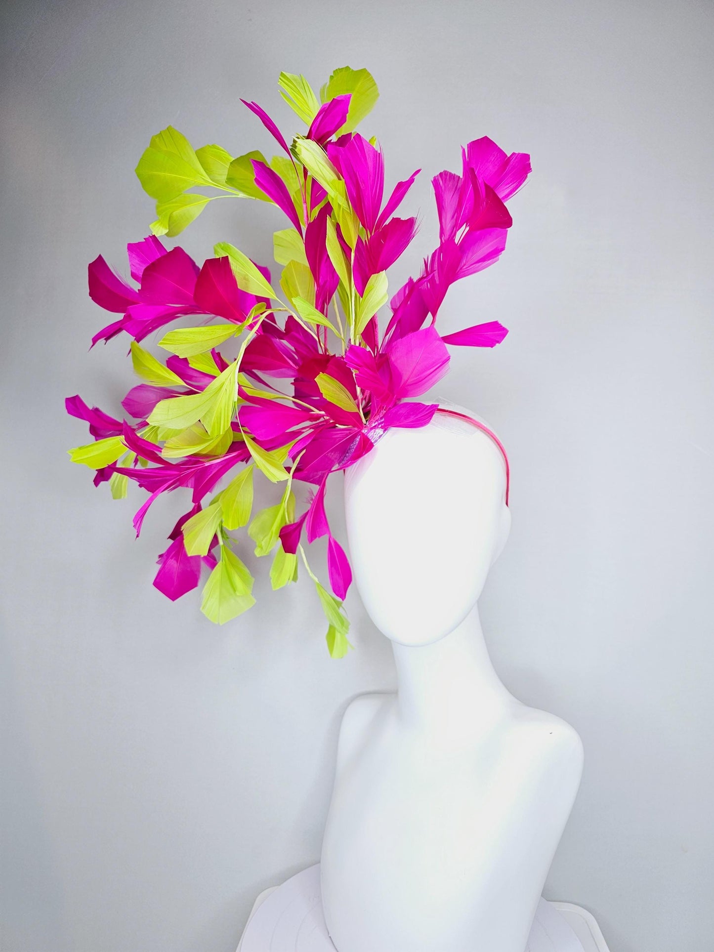 kentucky derby hat fascinator large bright yellow and fuchsia pink branching feathers