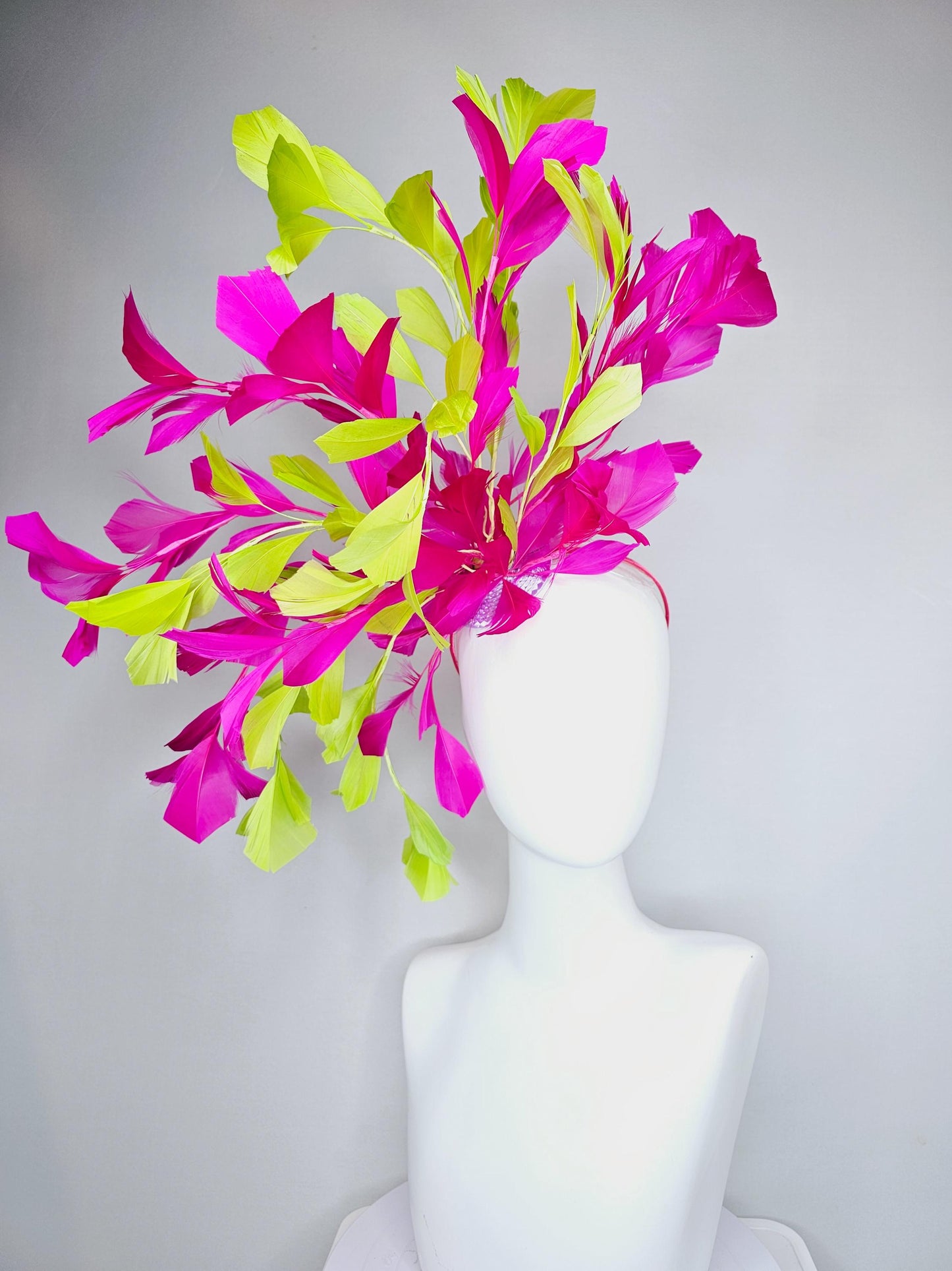 kentucky derby hat fascinator large bright yellow and fuchsia pink branching feathers