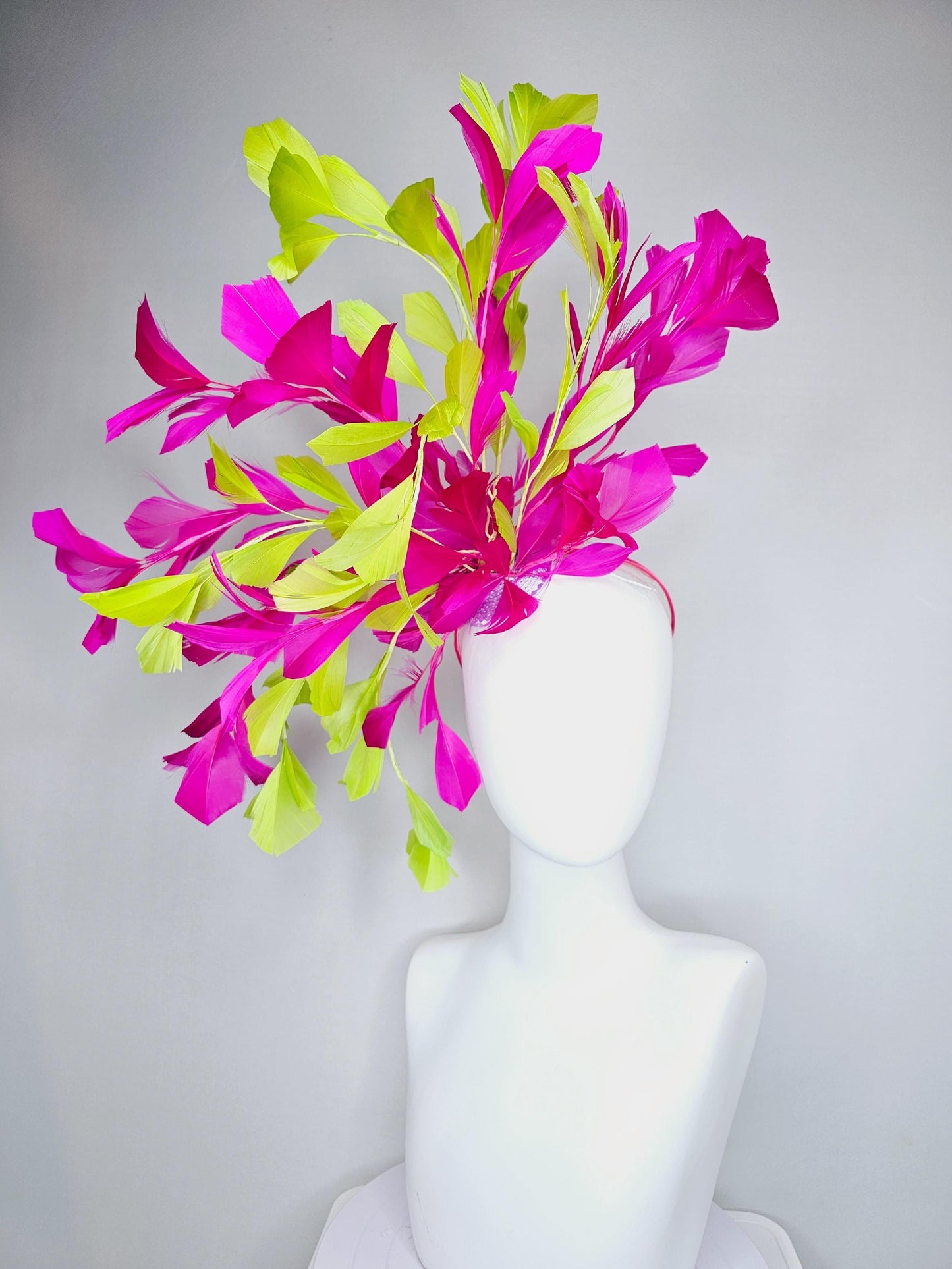 kentucky derby hat fascinator large bright yellow and fuchsia pink branching feathers