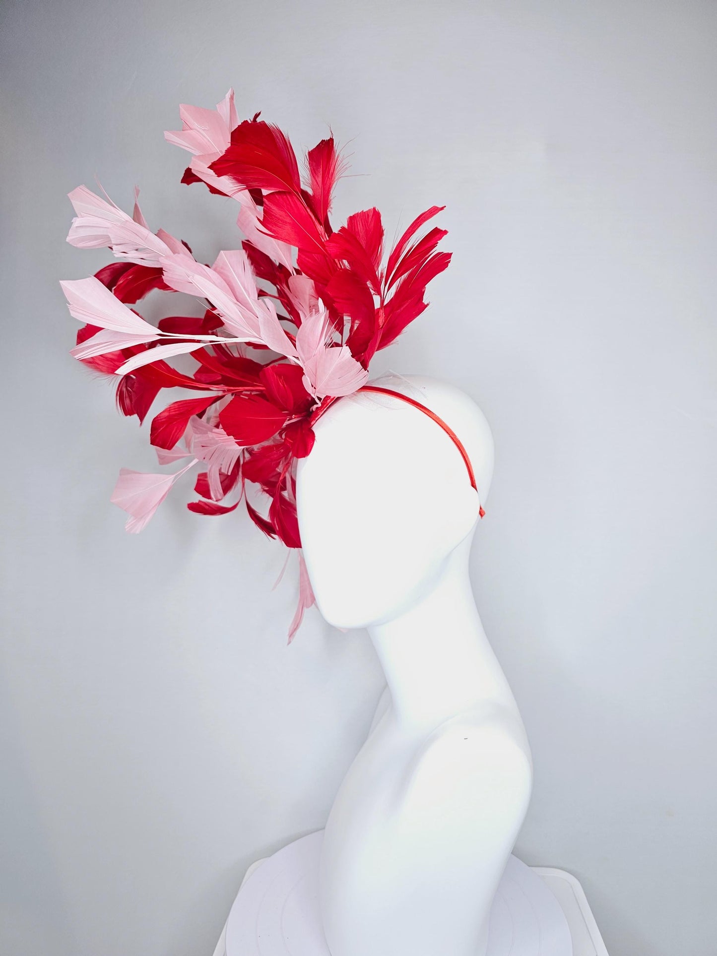 kentucky derby hat fascinator large cherry red and light blush pink branching feathers