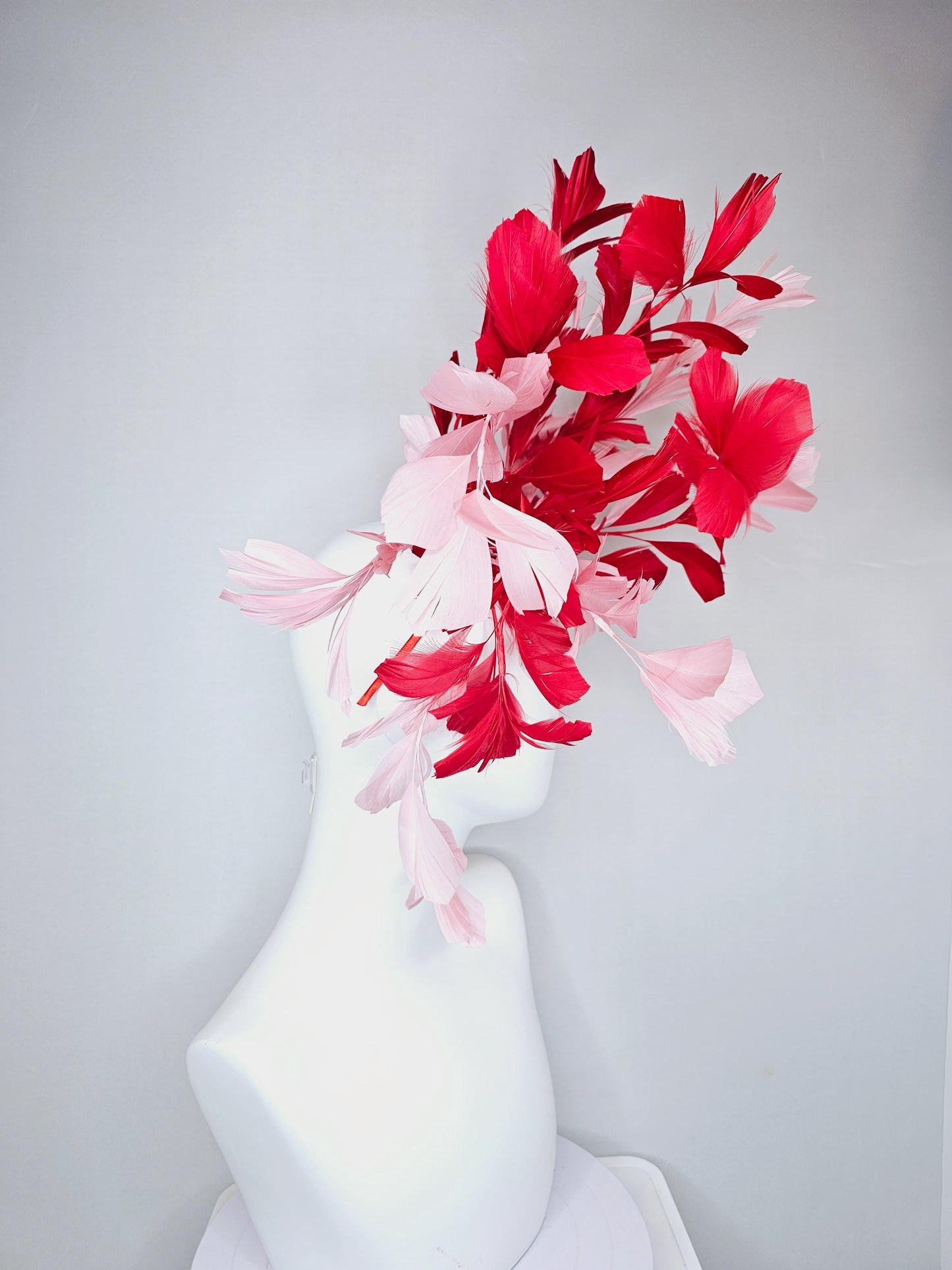 kentucky derby hat fascinator large cherry red and light blush pink branching feathers