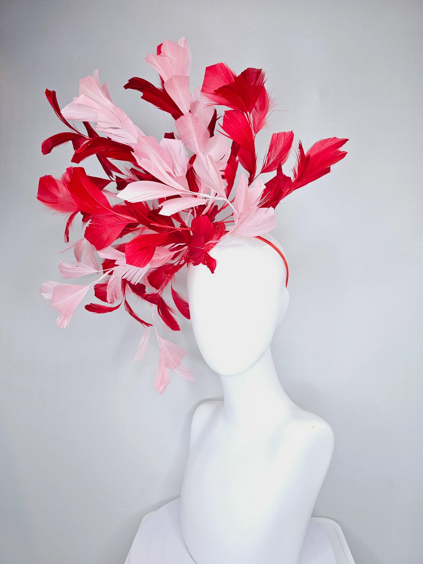 kentucky derby hat fascinator large cherry red and light blush pink branching feathers