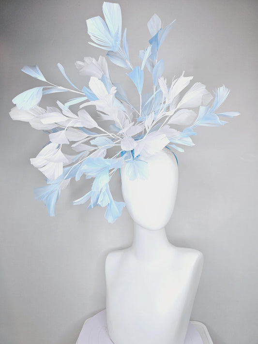 kentucky derby hat fascinator large light sky blue and white branching feathers