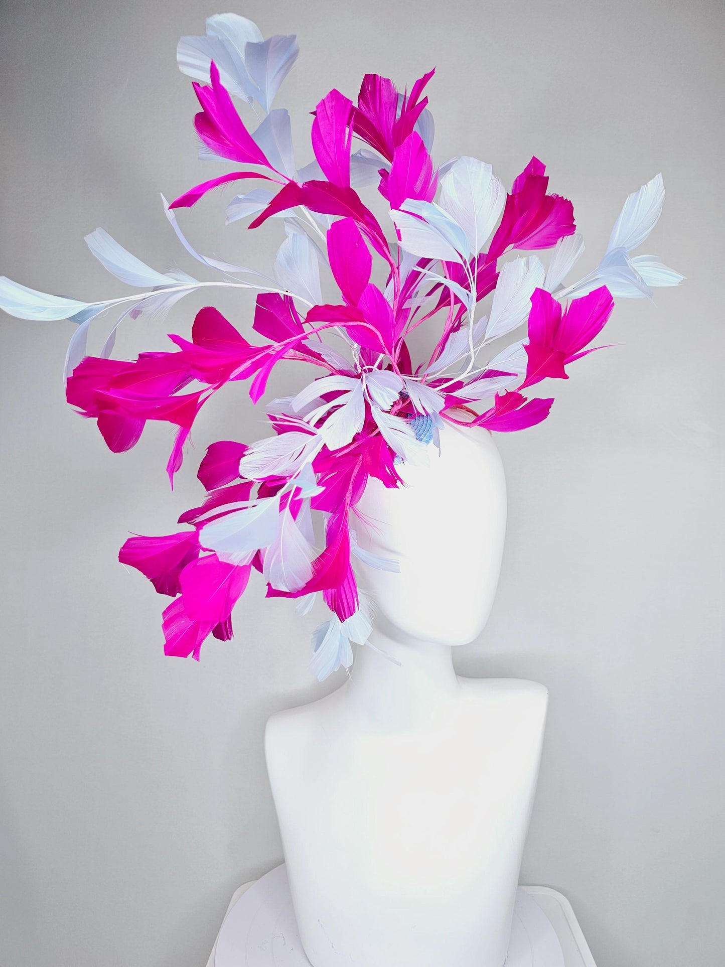 kentucky derby hat fascinator large hot pink fuchsia and light purple lavender branching feathers