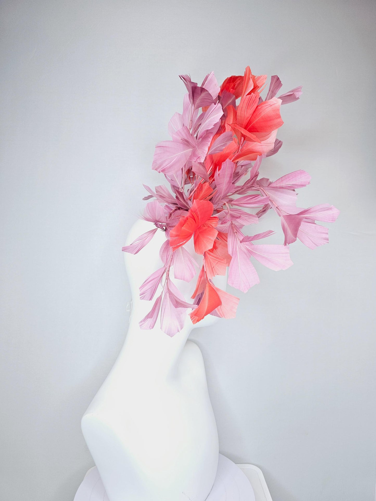 kentucky derby hat fascinator large dusty pink and orange coral branching feathers