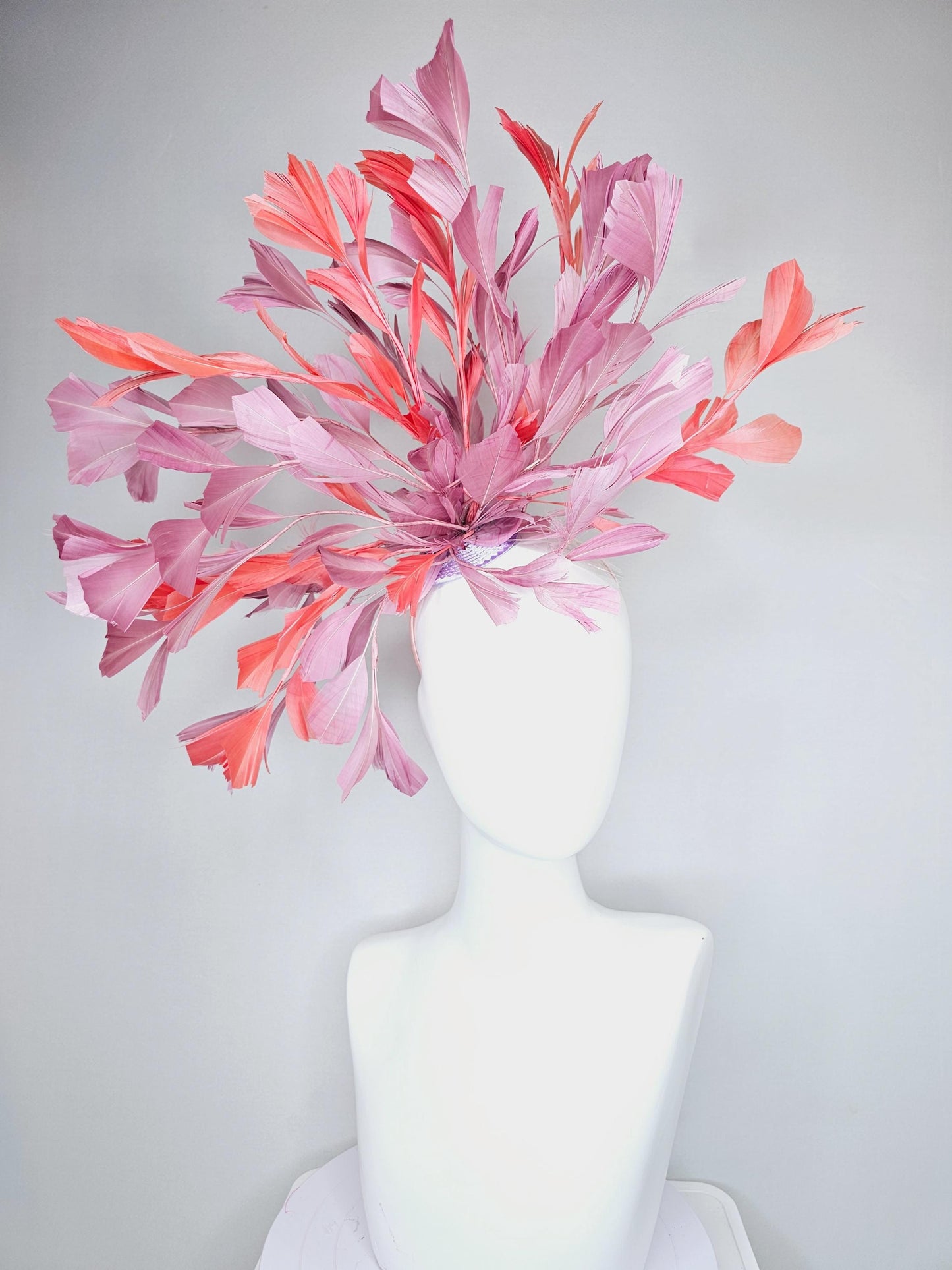 kentucky derby hat fascinator large dusty pink and orange coral branching feathers