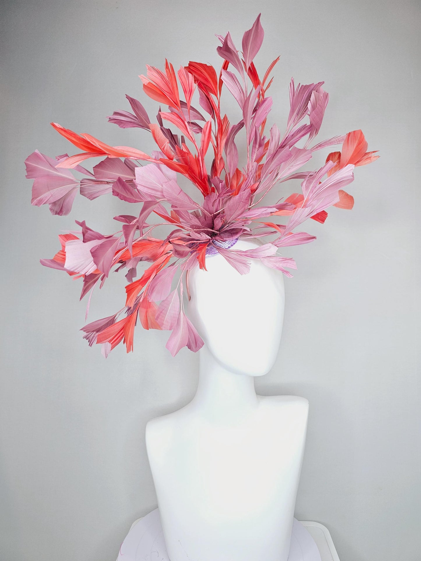 kentucky derby hat fascinator large dusty pink and orange coral branching feathers