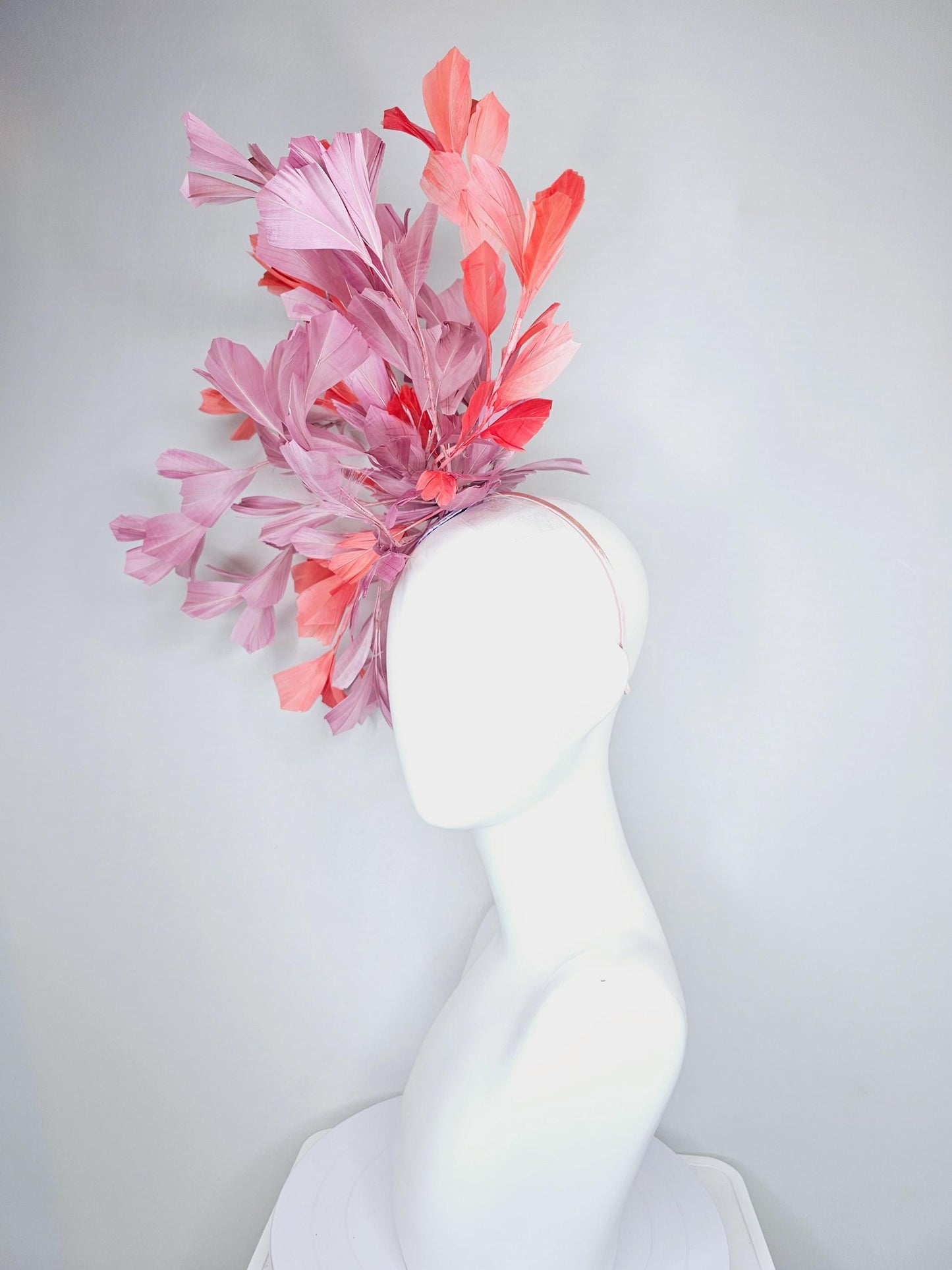 kentucky derby hat fascinator large dusty pink and orange coral branching feathers