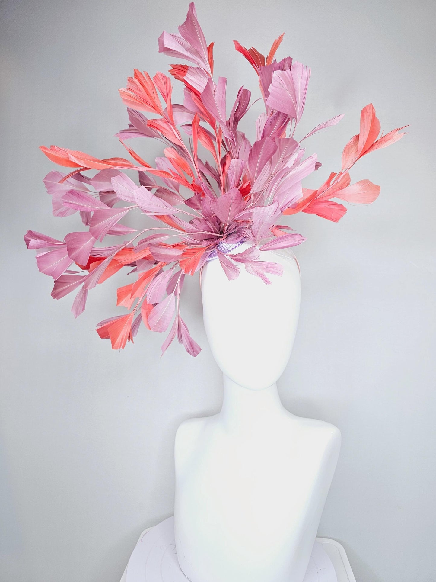 kentucky derby hat fascinator large dusty pink and orange coral branching feathers