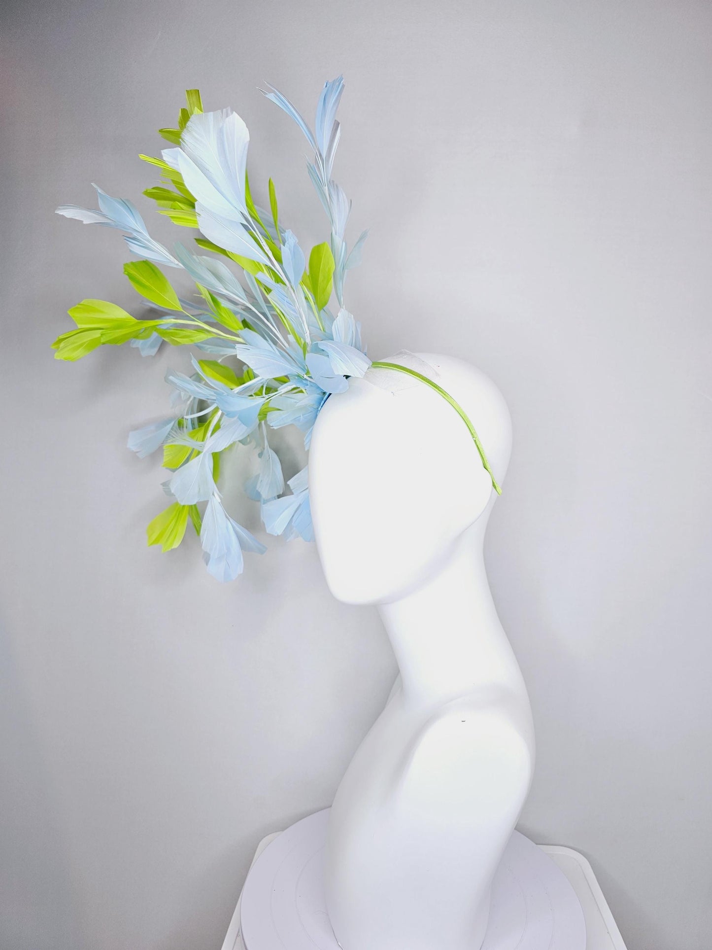 kentucky derby hat fascinator huge light baby blue and lime green yellow branching feathers